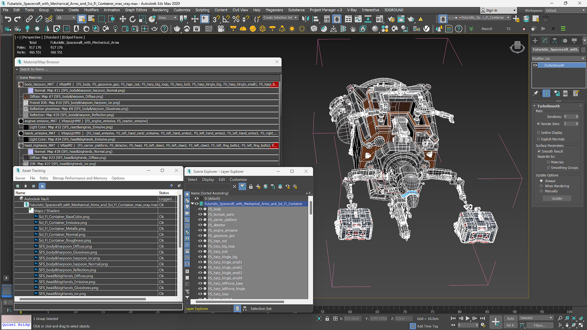 3D Futuristic Spacecraft with Mechanical Arms and Sci-Fi Container model