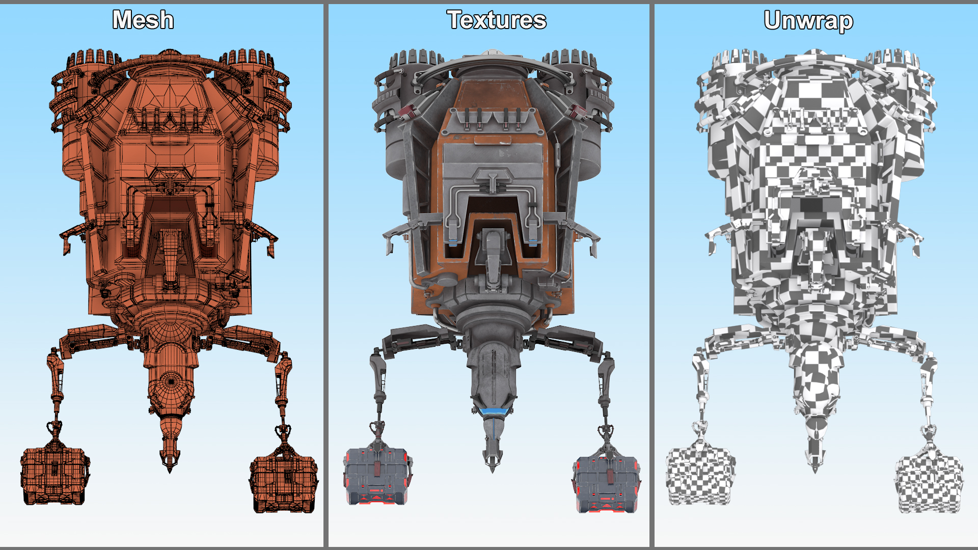 3D Futuristic Spacecraft with Mechanical Arms and Sci-Fi Container model