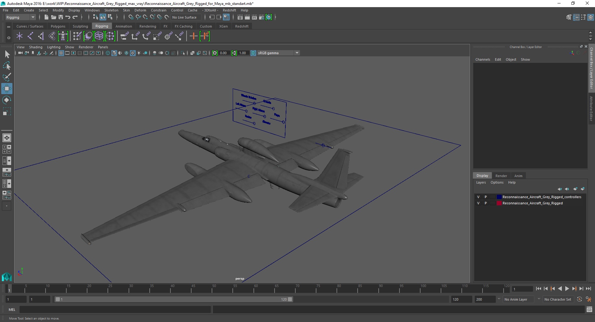 Reconnaissance Aircraft Grey Rigged for Maya 3D model