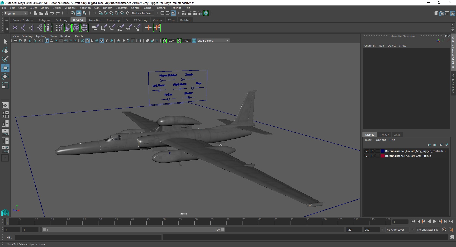 Reconnaissance Aircraft Grey Rigged for Maya 3D model