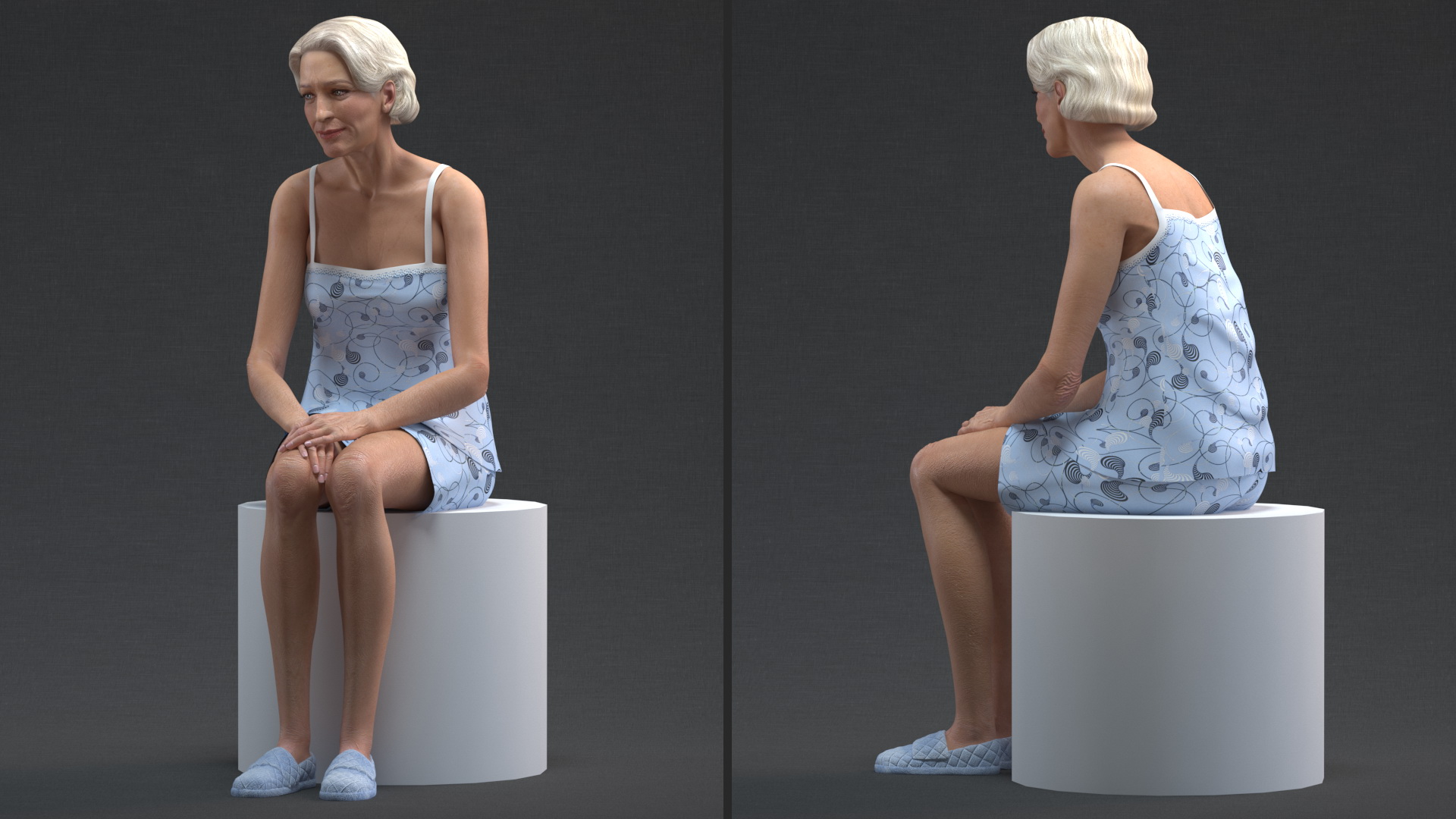 3D Elderly Woman in Sleepwear Siting Pose model