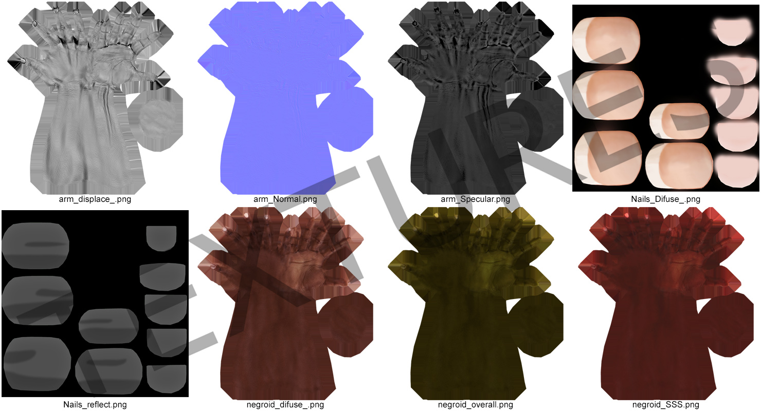 3D African Female Hand Short Nails Rigged model