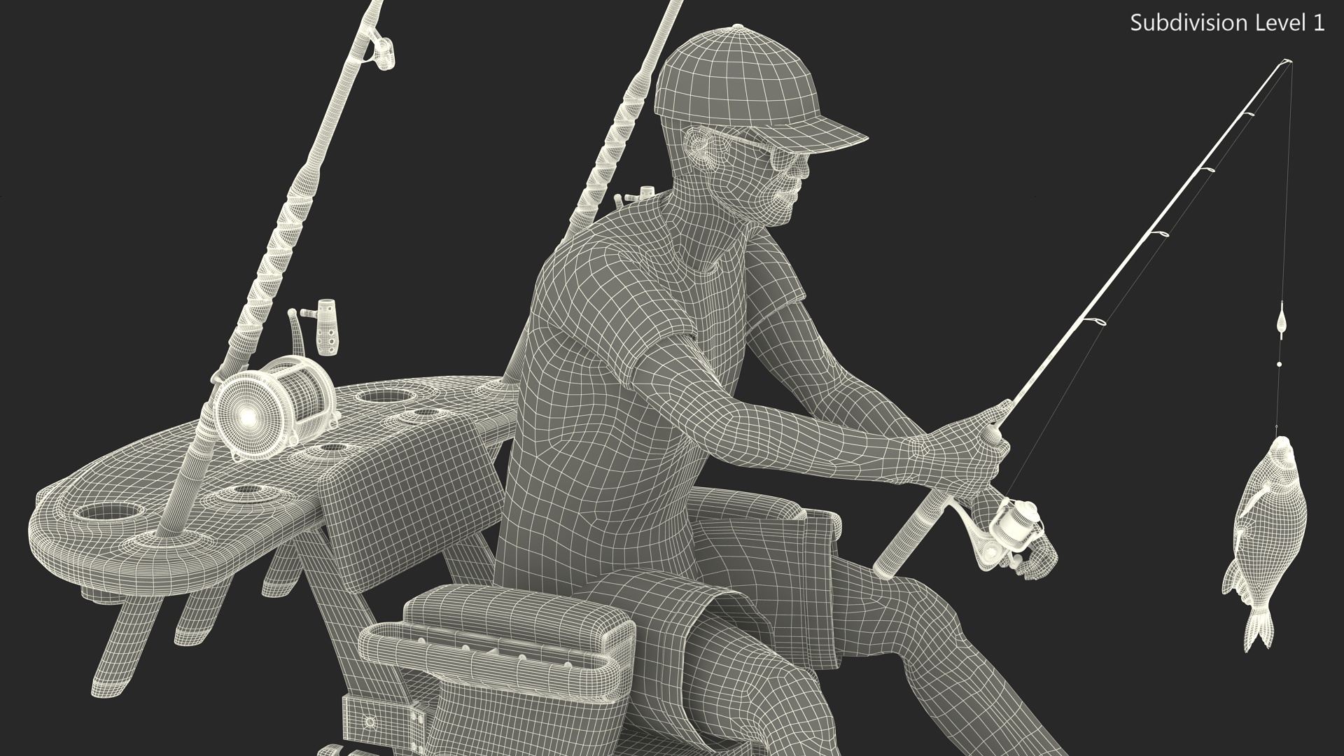 3D Man in Fishing Chair Catches Fish model