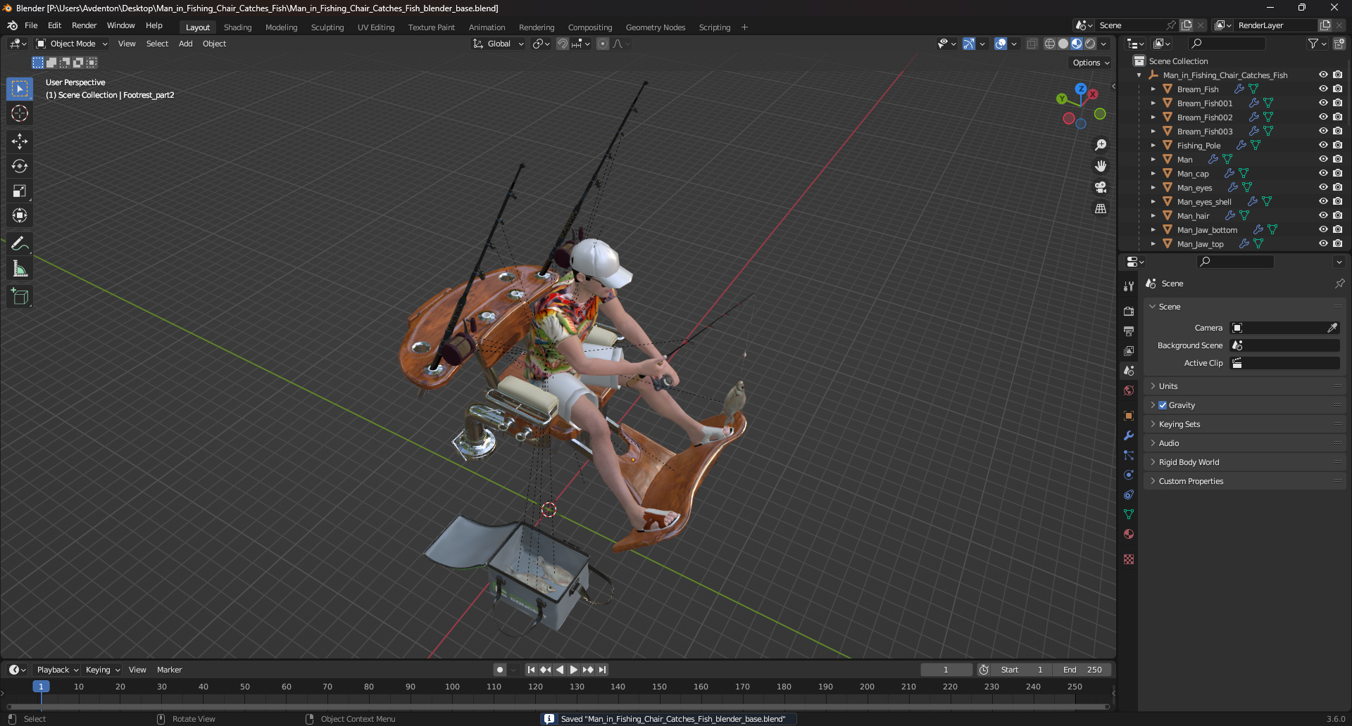 3D Man in Fishing Chair Catches Fish model