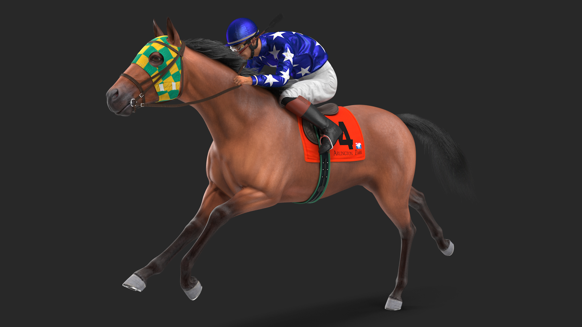 Bay Racing Horse with Jokey Running Fur 3D model