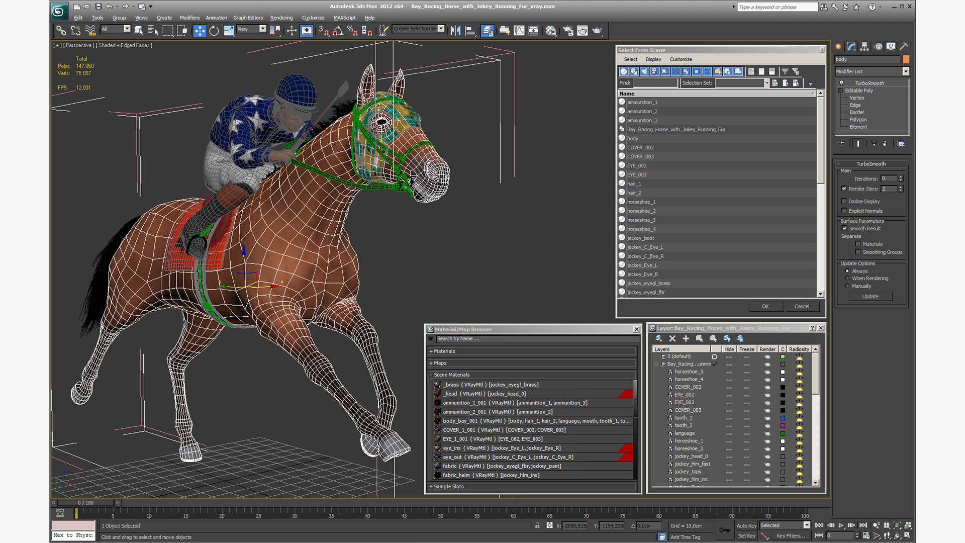 Bay Racing Horse with Jokey Running Fur 3D model