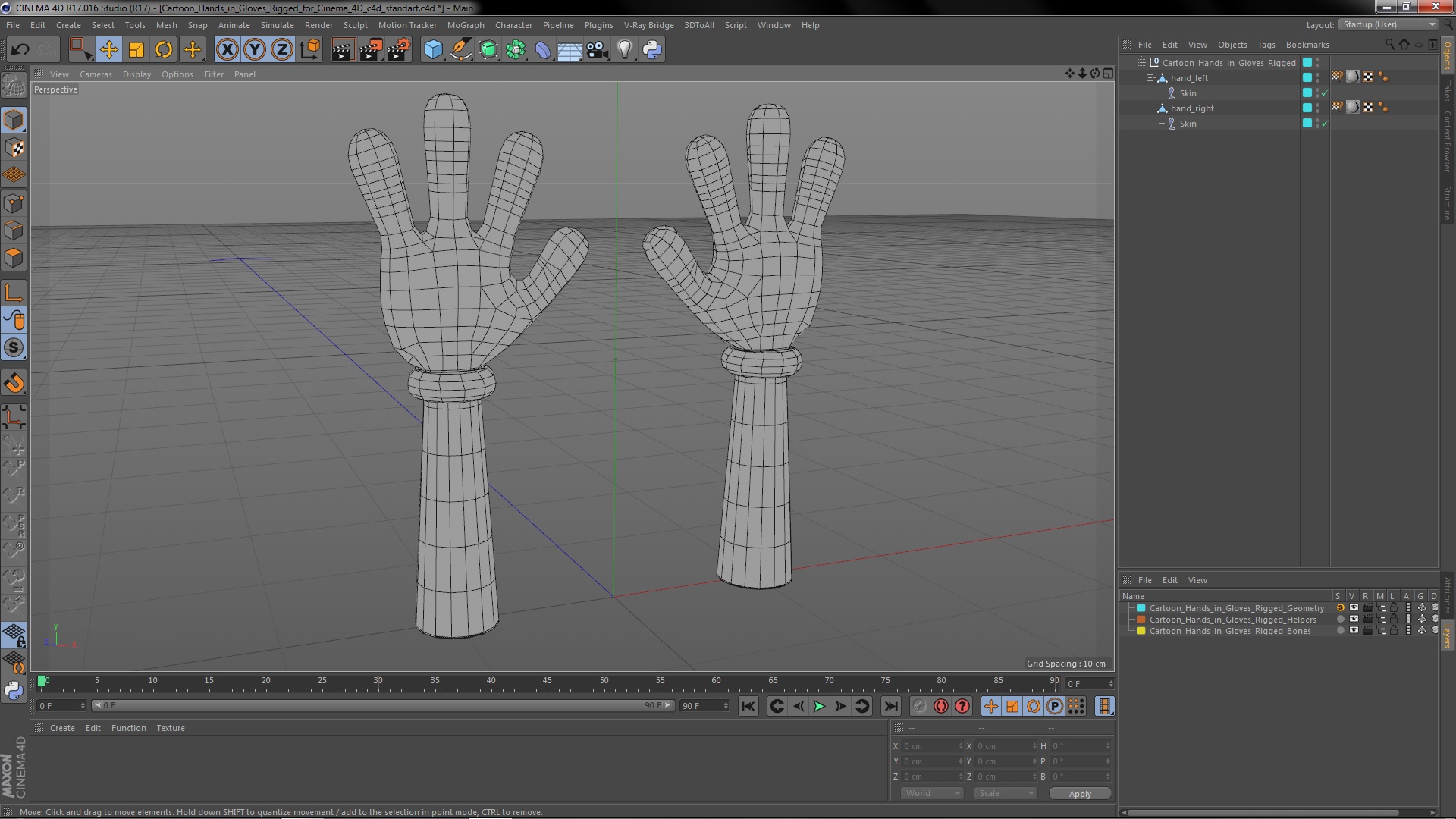 Cartoon Hands in Gloves Rigged for Cinema 4D 3D model