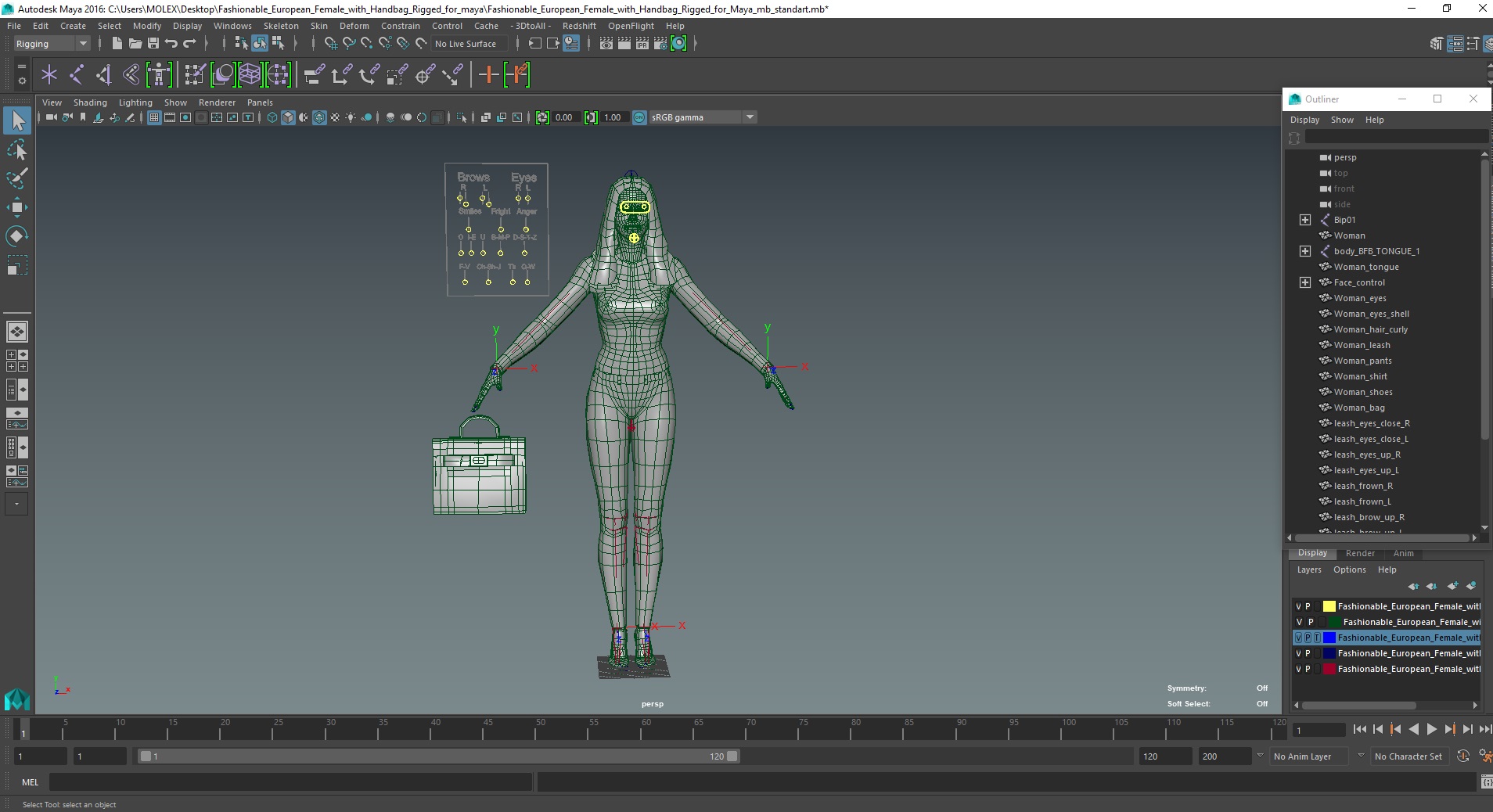 3D Fashionable European Female with Handbag Rigged for Maya