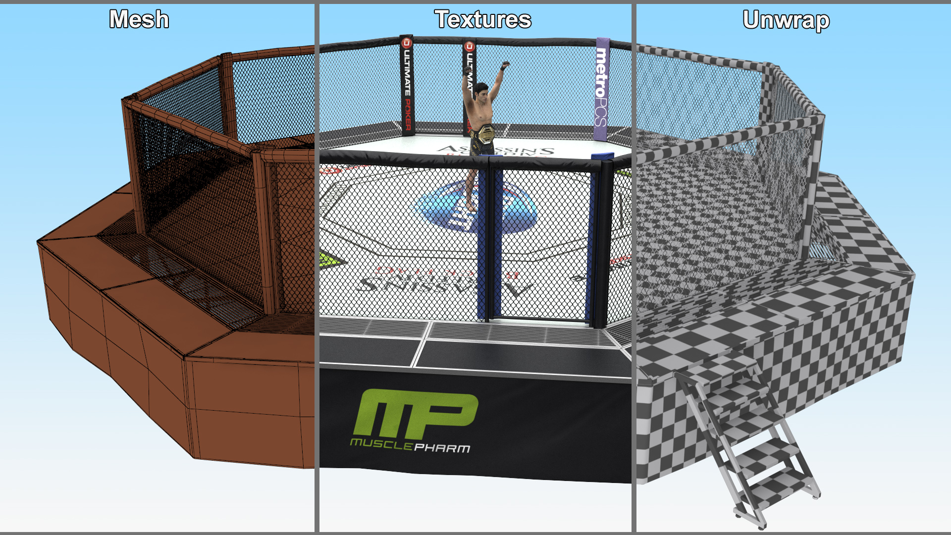 3D model UFC Fighting Arena with MMA Champion Fur