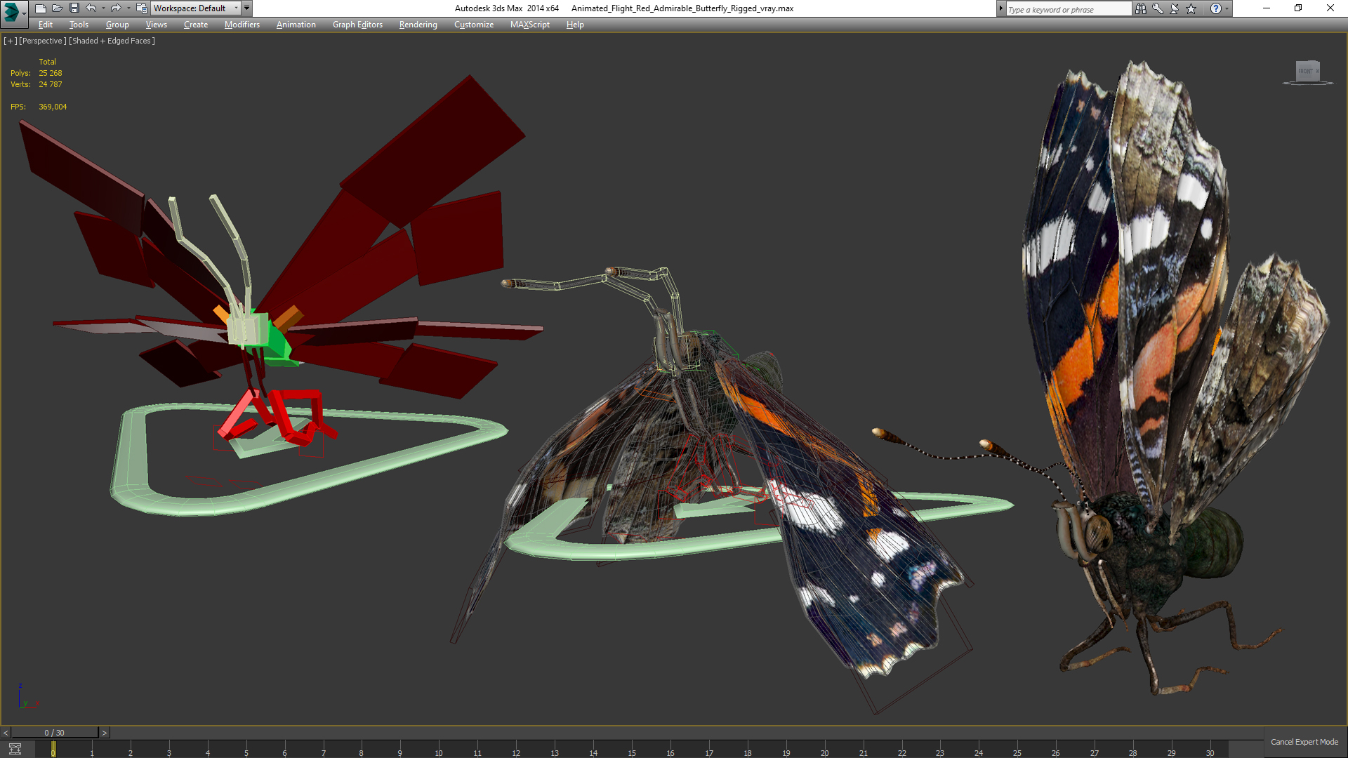 3D Animated Flight Red Admirable Butterfly Rigged