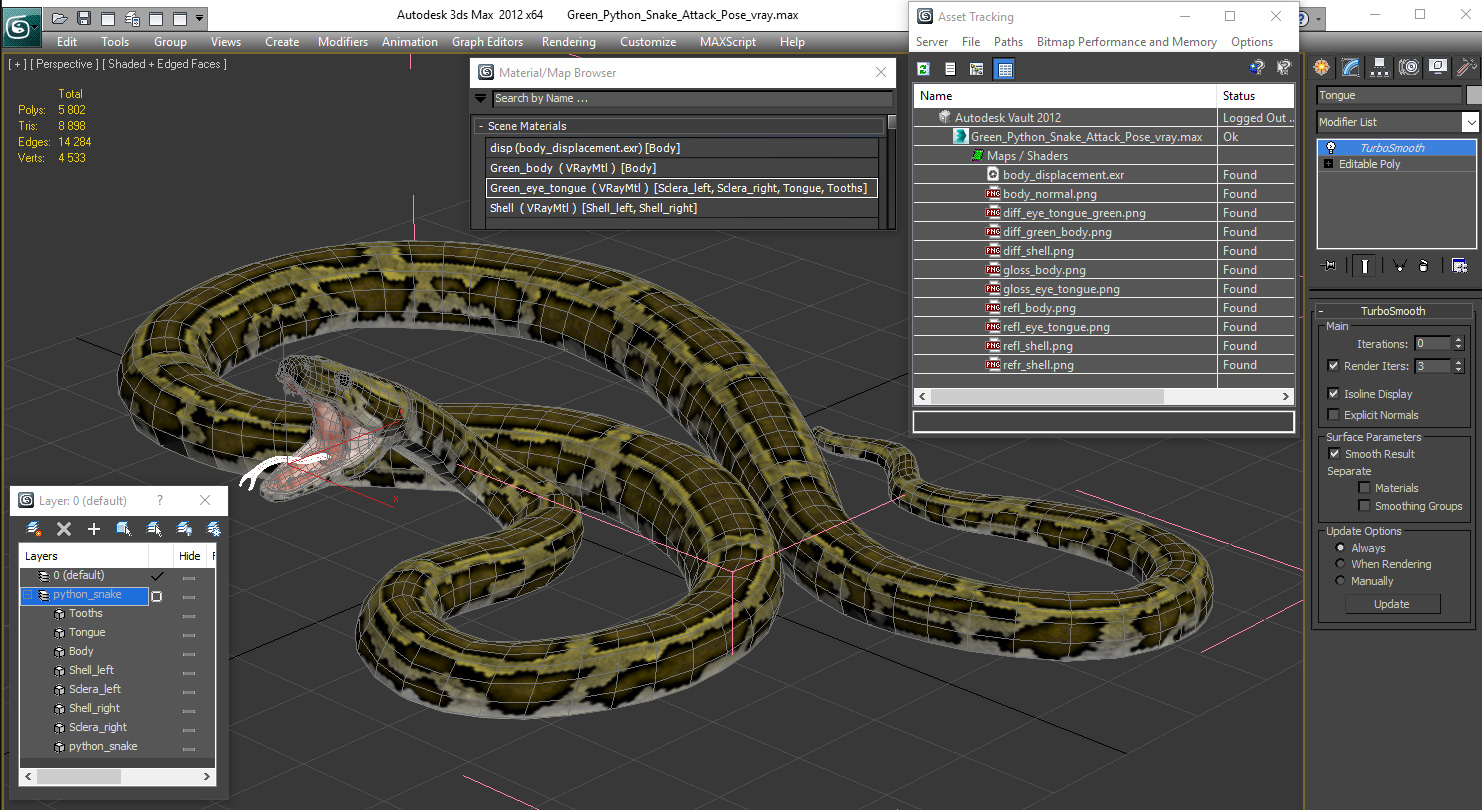 3D model Green Python Snake Attack Pose