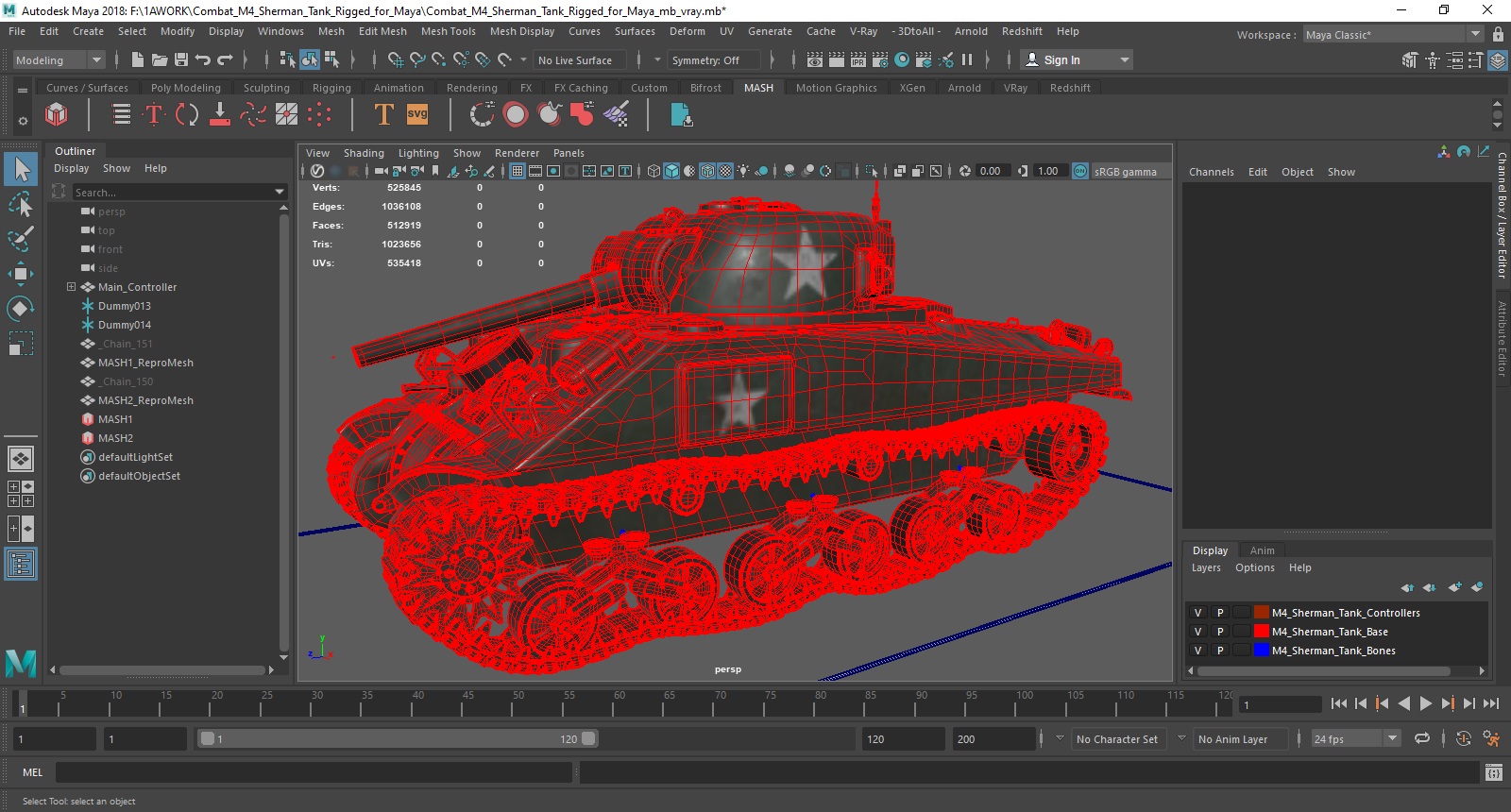 3D Combat M4 Sherman Tank Rigged for Maya model