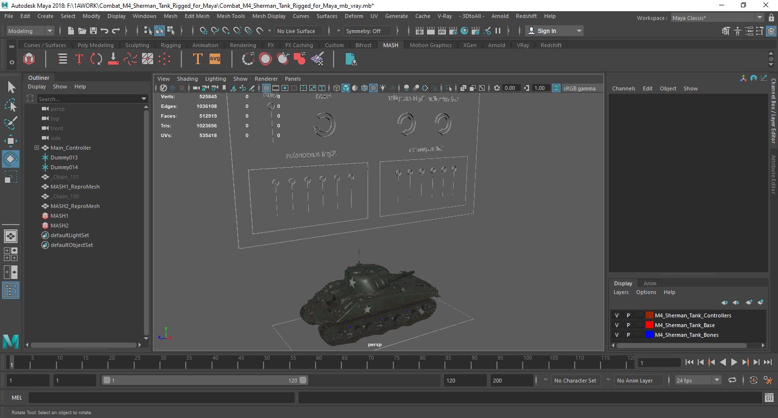 3D Combat M4 Sherman Tank Rigged for Maya model