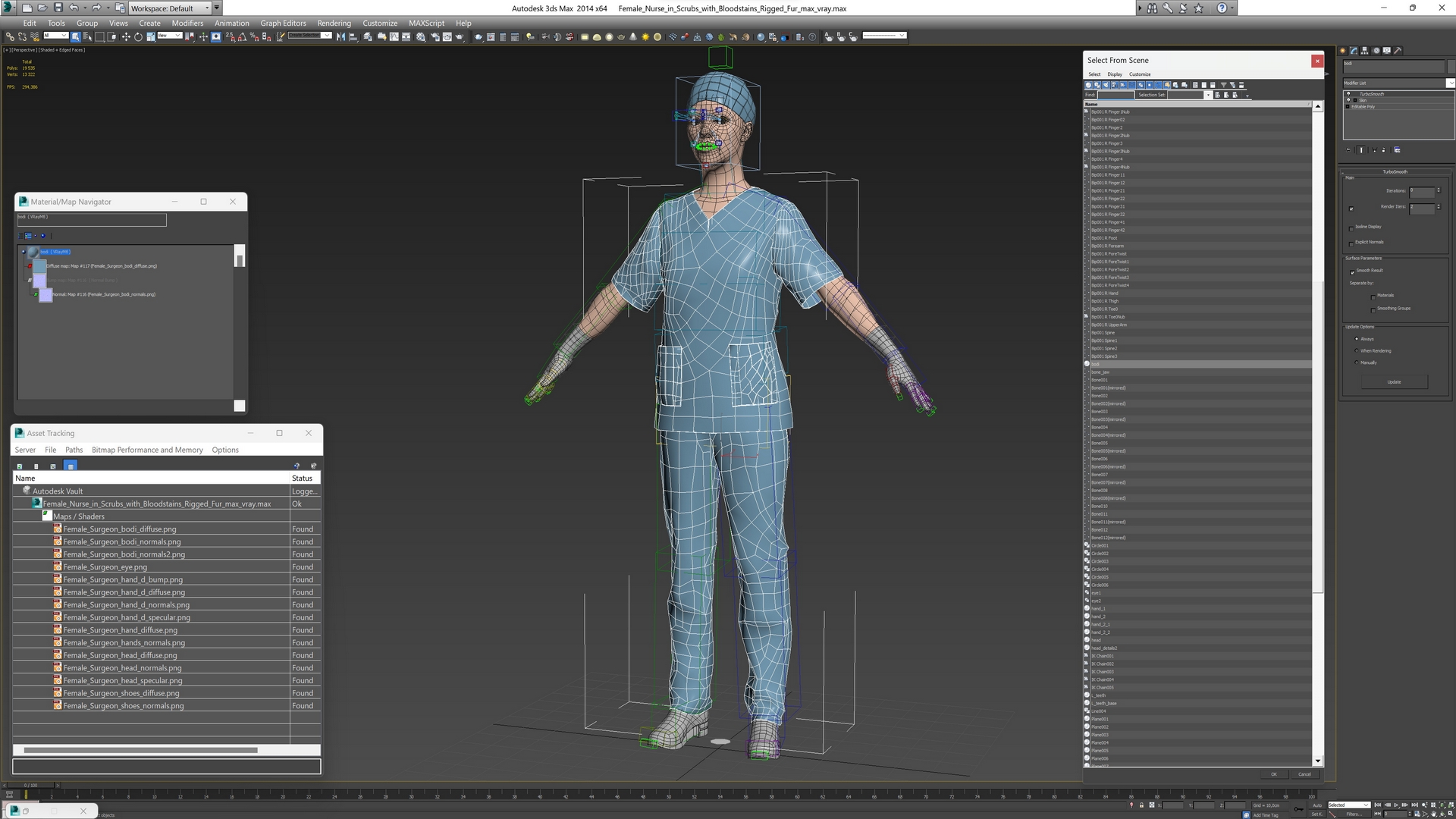 3D model Female Nurse in Scrubs with Bloodstains Rigged Fur