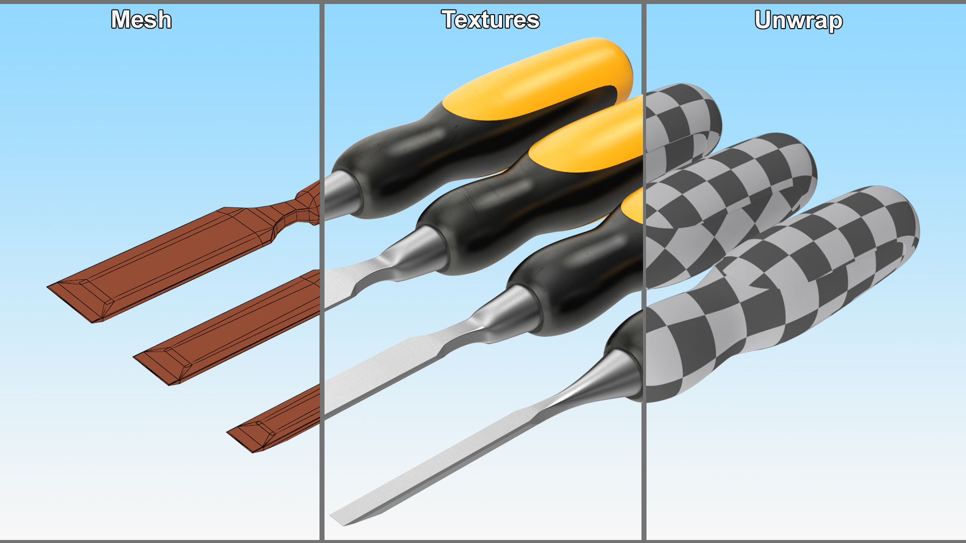 3D Wood Chisel Set 4 piece model