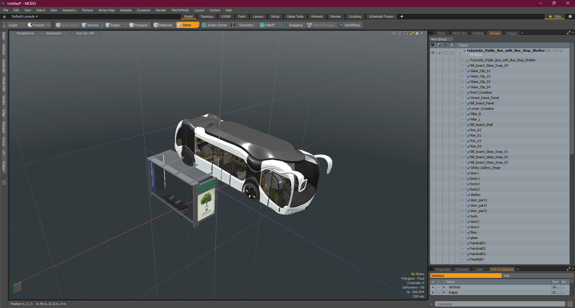 3D Futuristic Public Bus with Bus Stop Shelter model