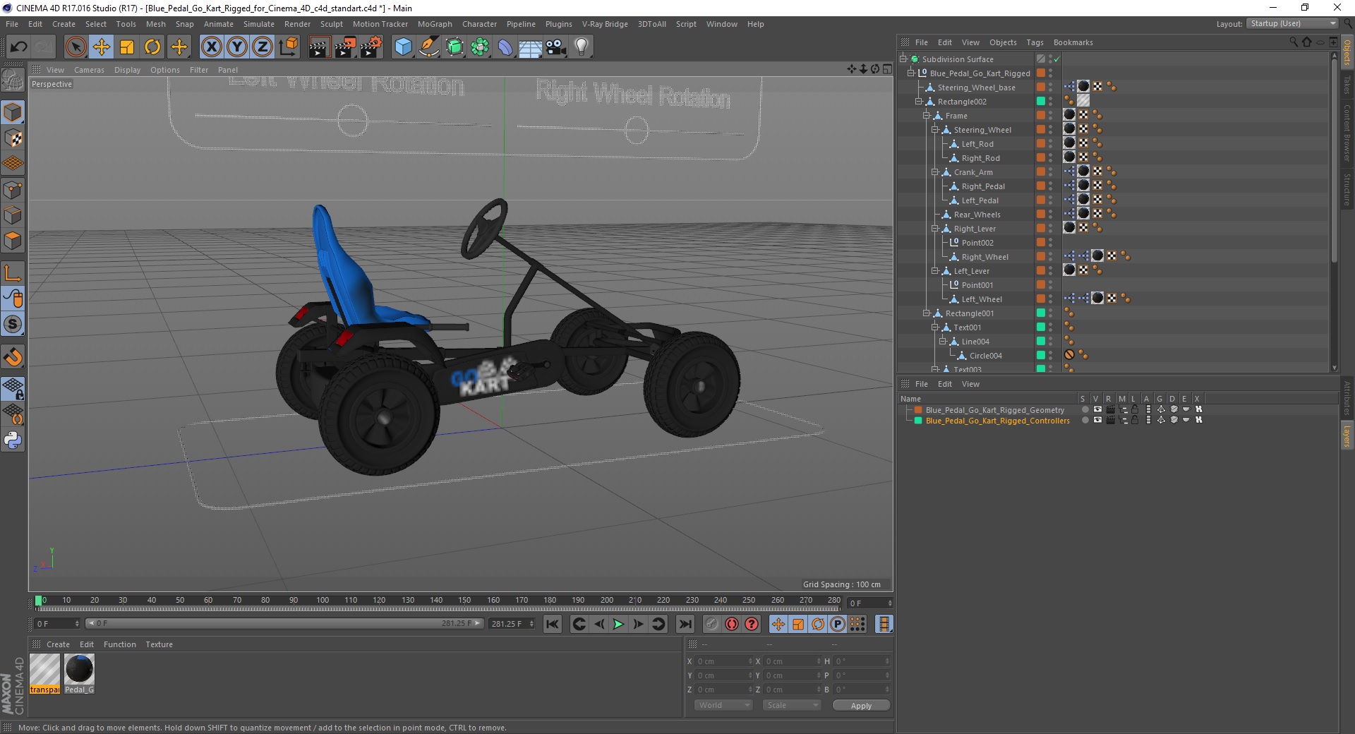 Blue Pedal Go Kart Rigged for Cinema 4D 3D model