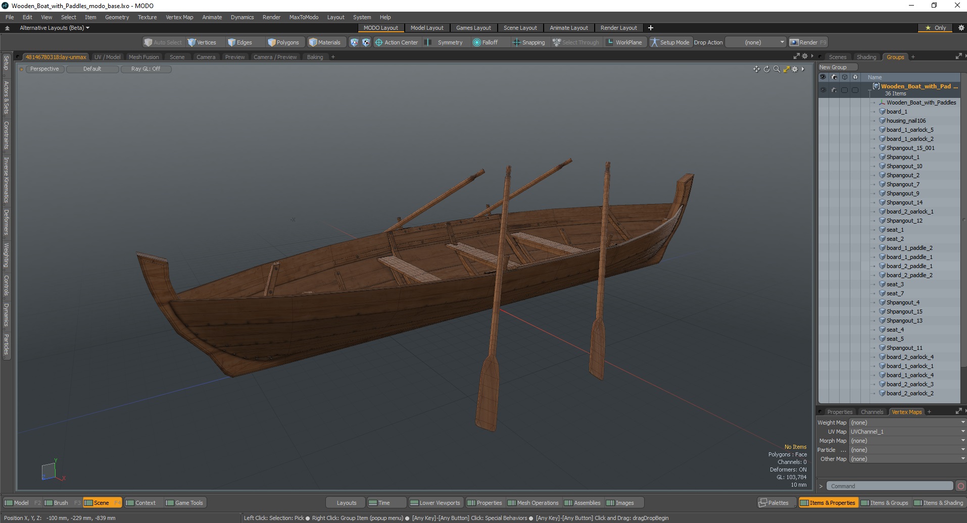 Wooden Boat with Paddles 3D model