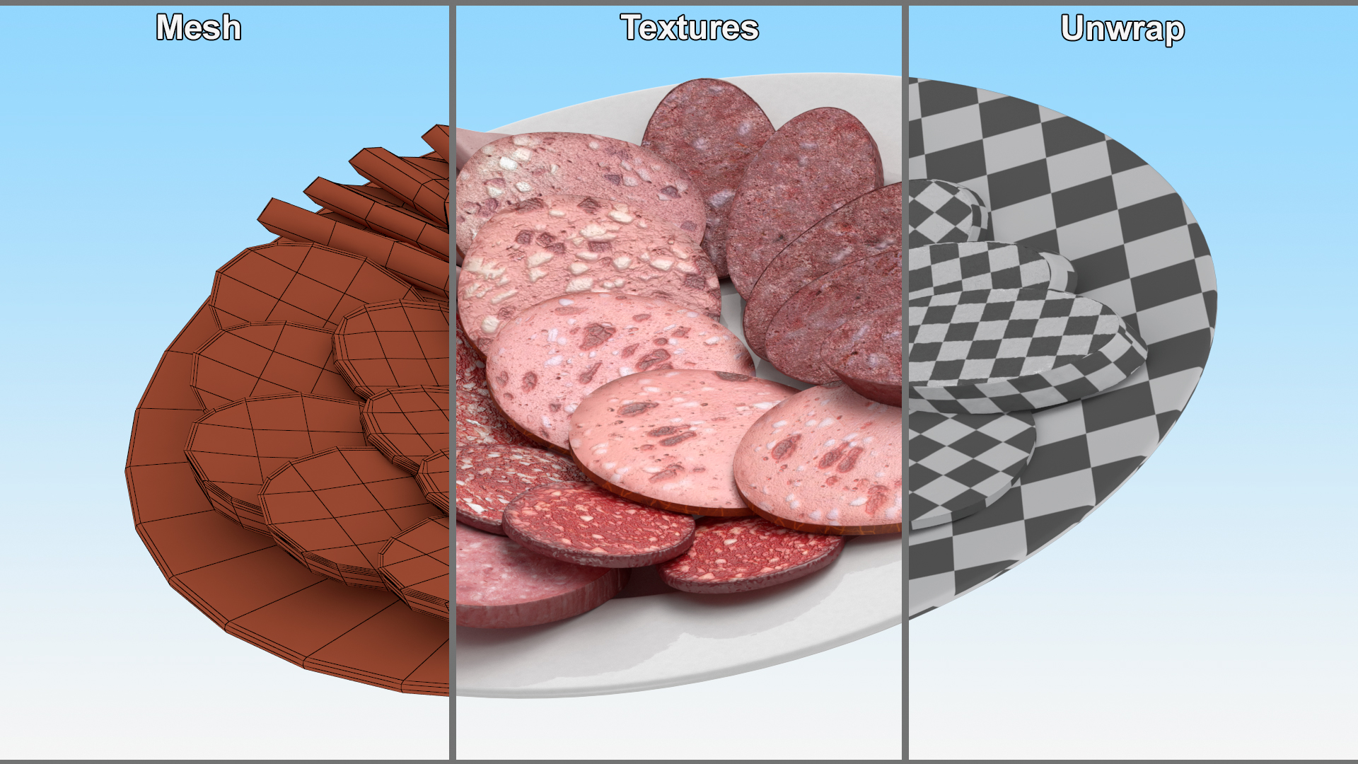 3D Assorted Sausages on Plate