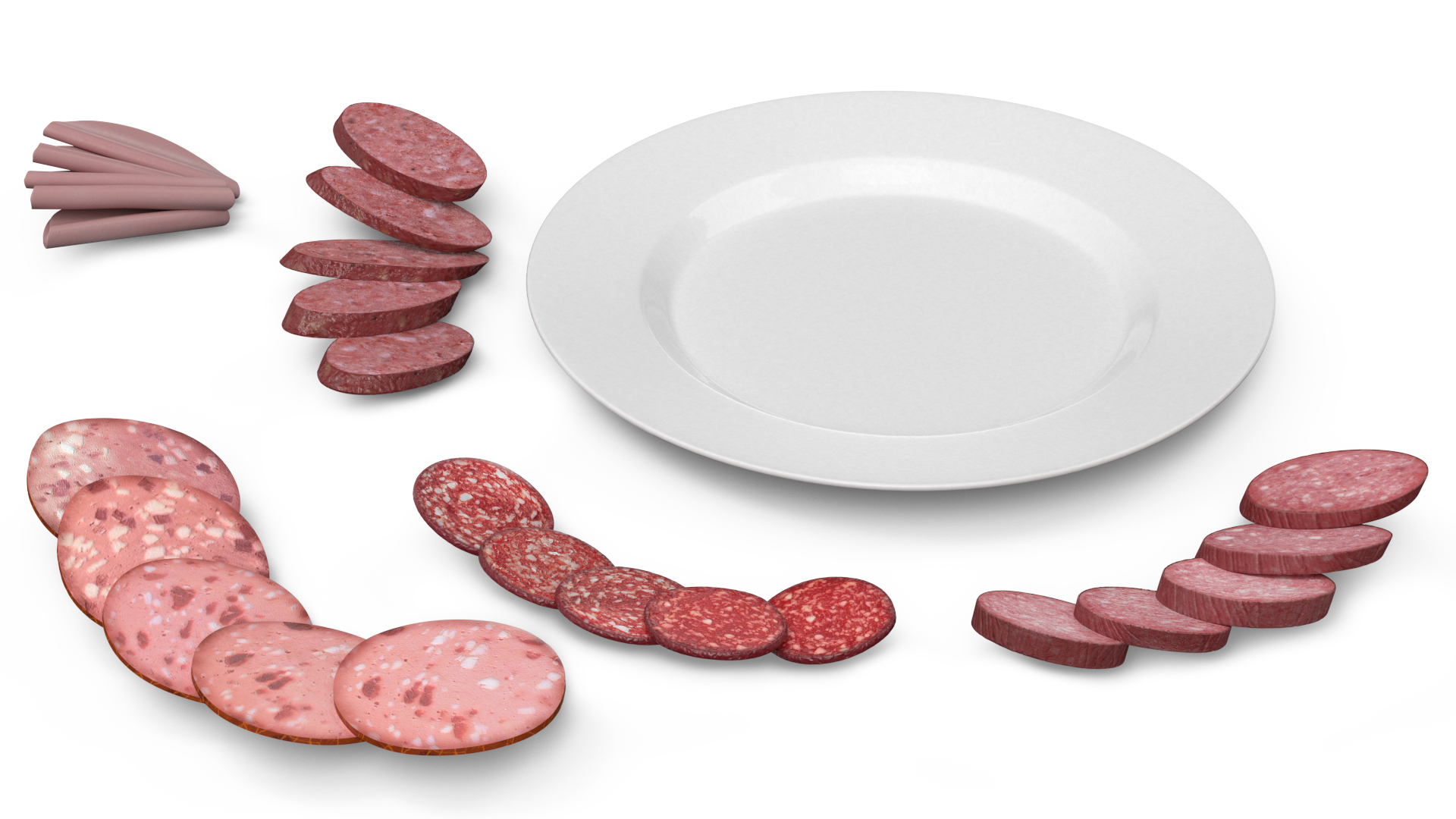 3D Assorted Sausages on Plate