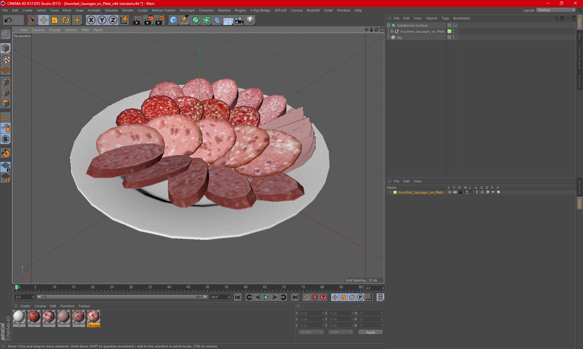 3D Assorted Sausages on Plate