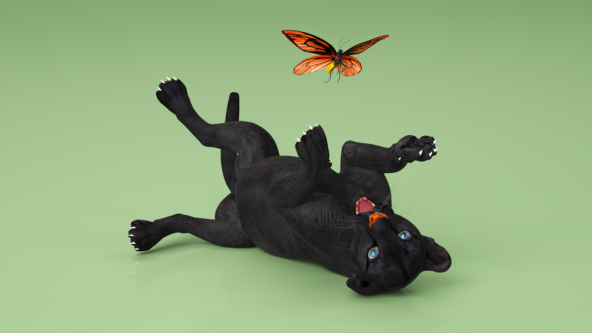 3D model Playful Black Panther Cub with Butterfly