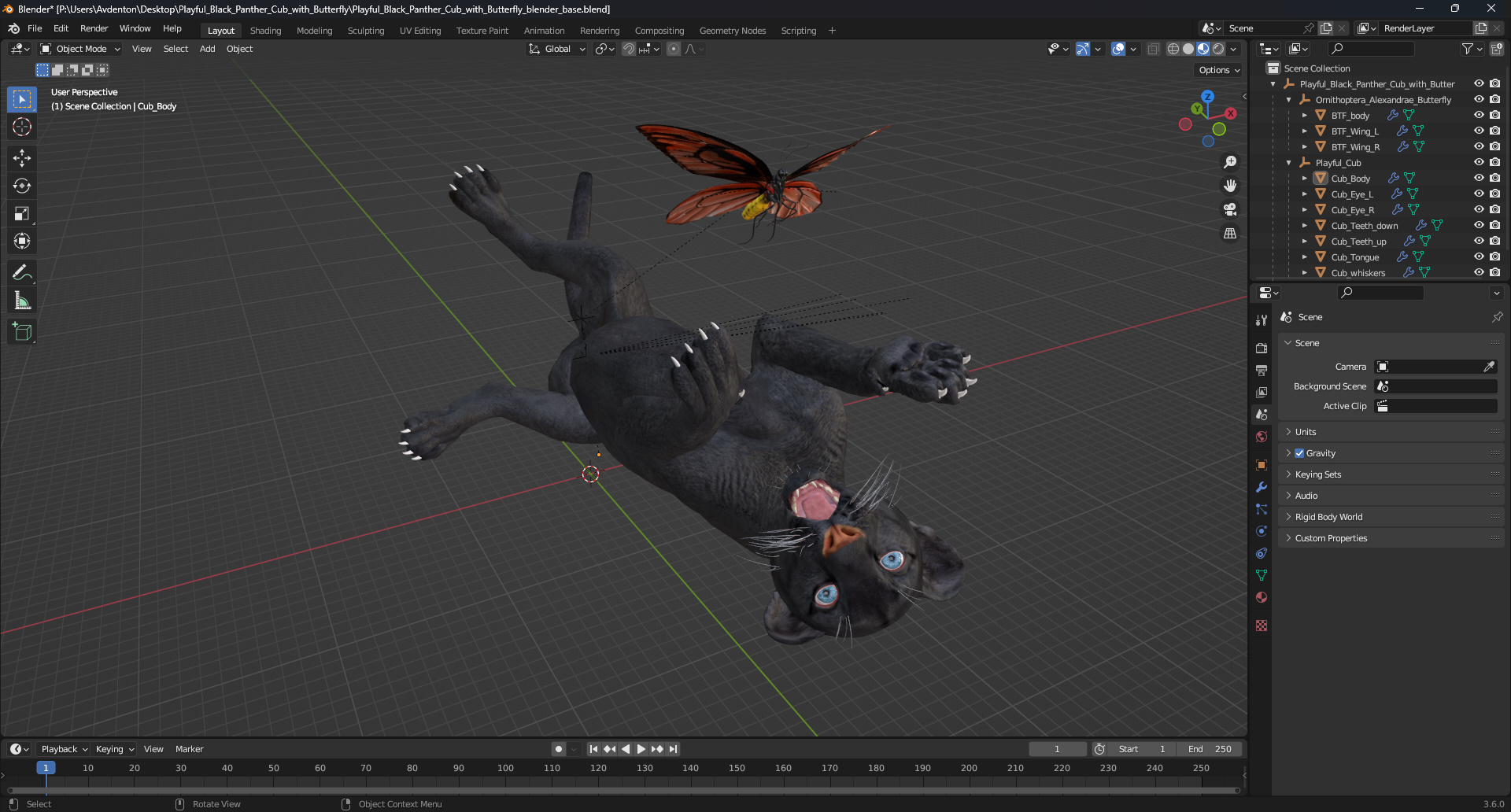 3D model Playful Black Panther Cub with Butterfly