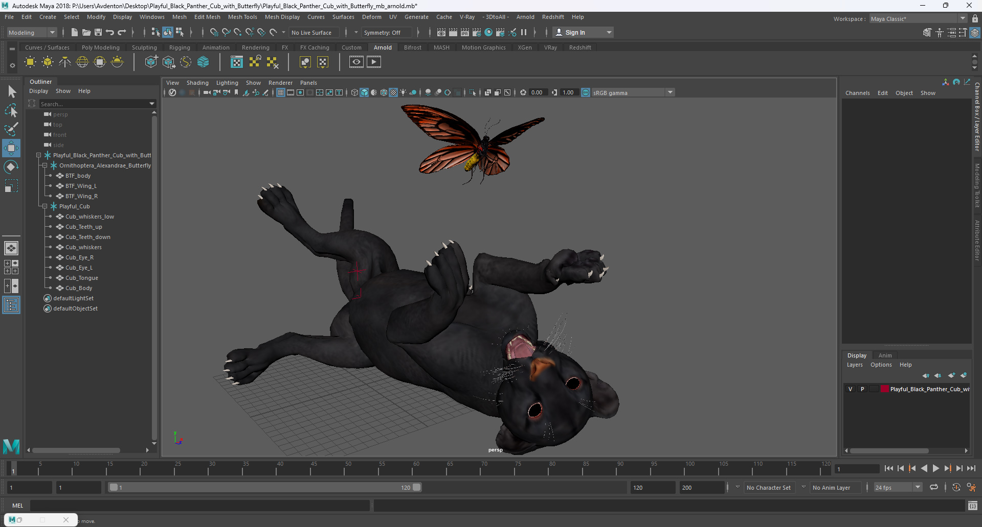 3D model Playful Black Panther Cub with Butterfly