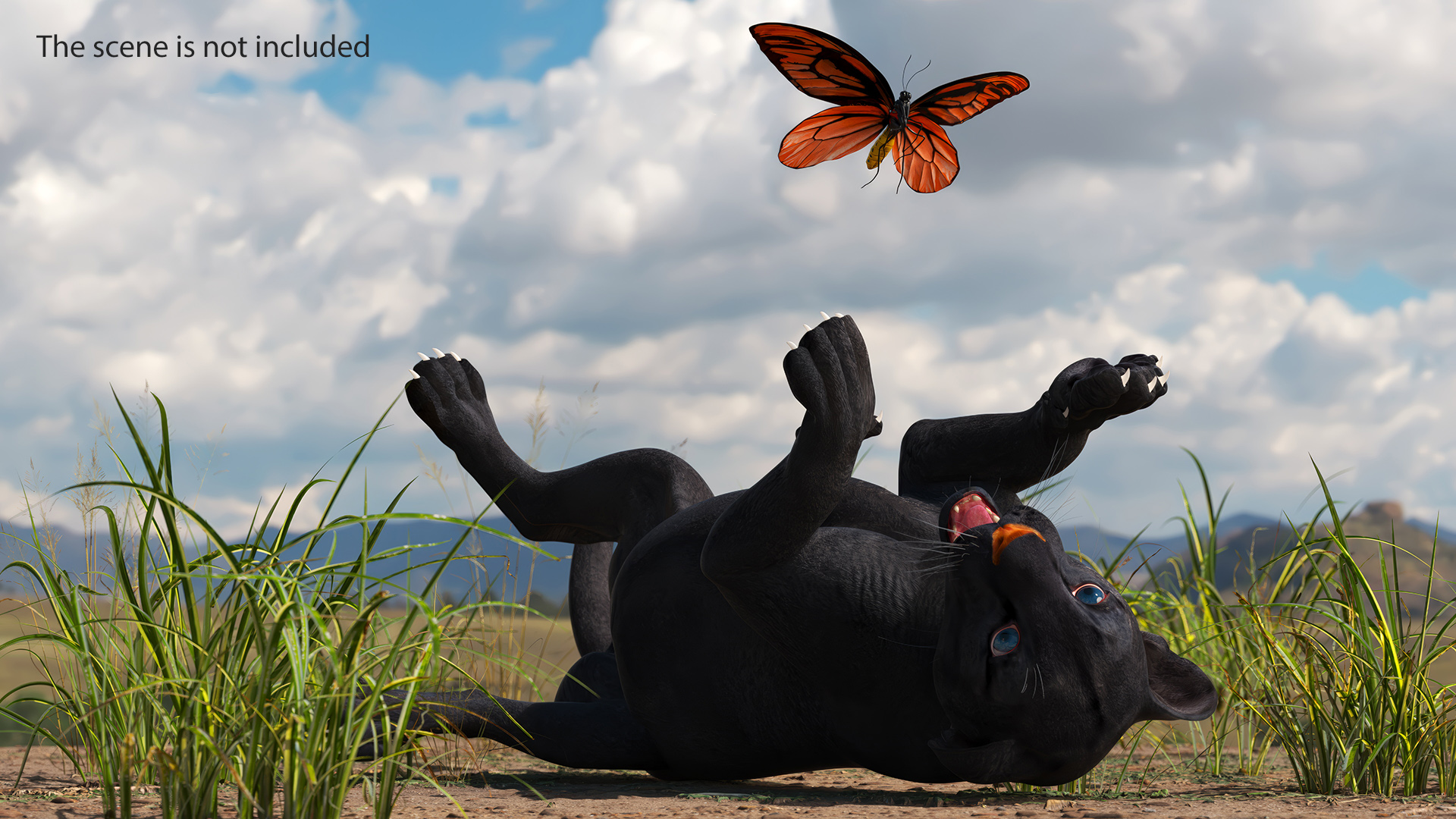 3D model Playful Black Panther Cub with Butterfly