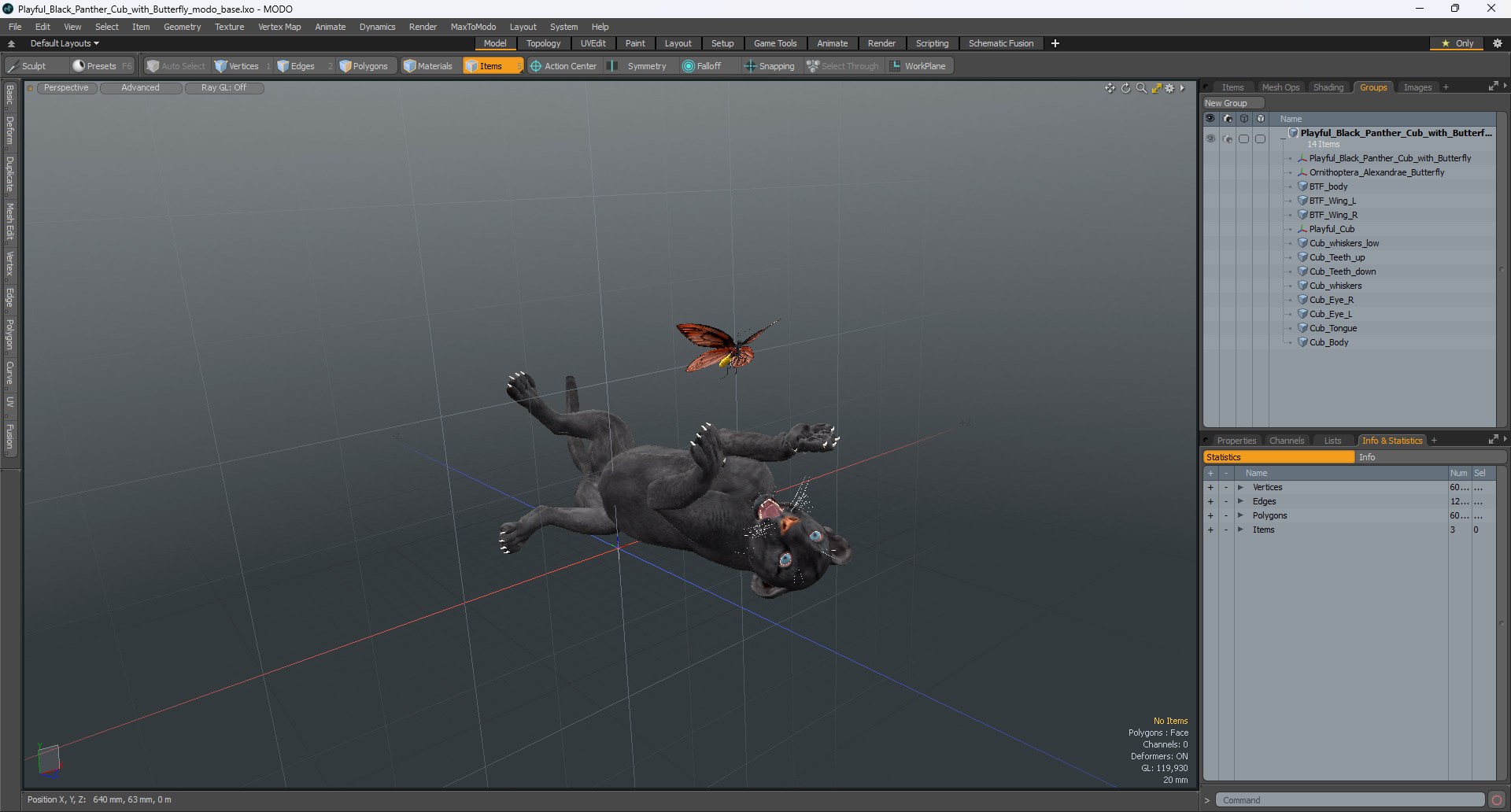 3D model Playful Black Panther Cub with Butterfly