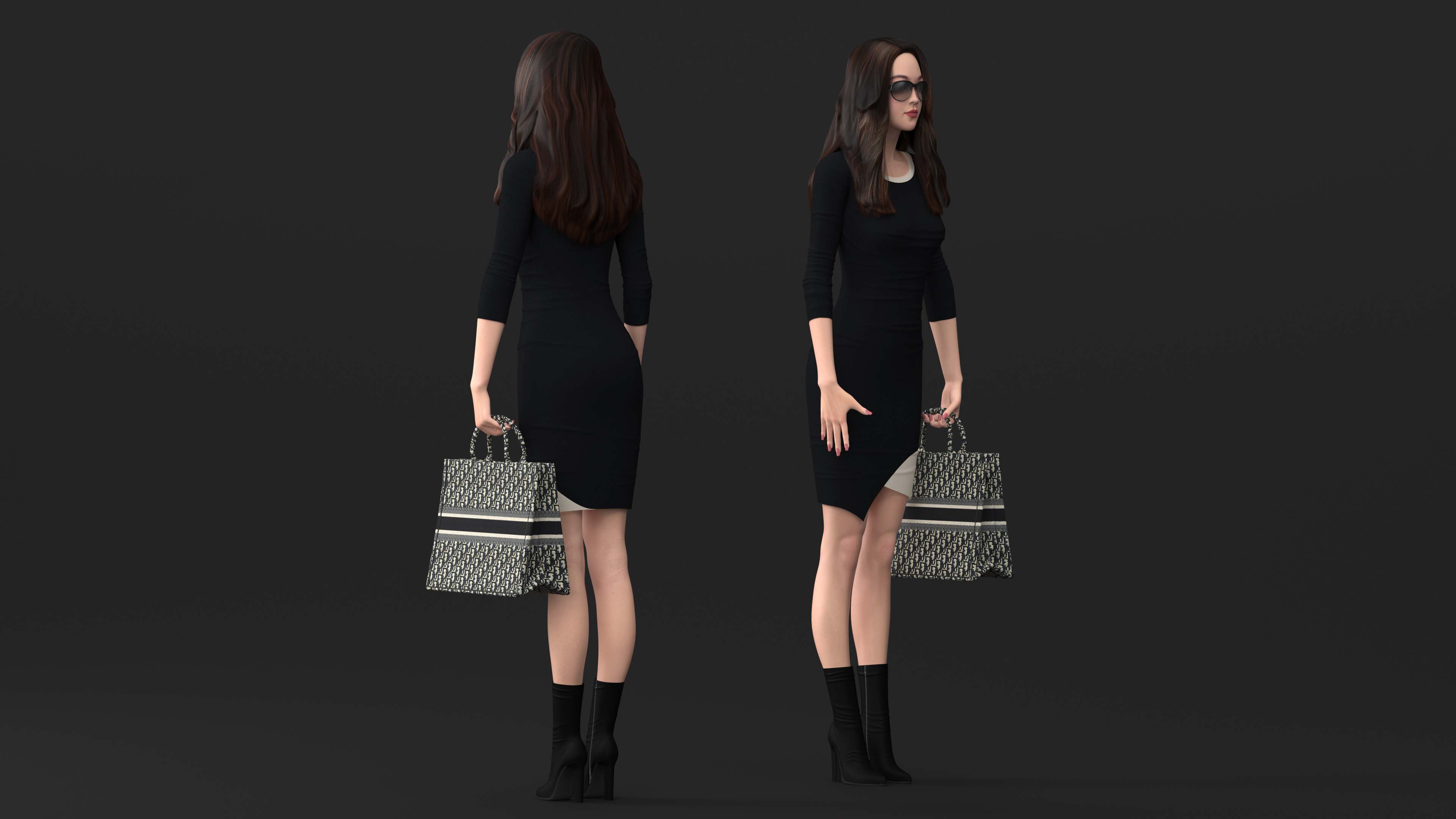 3D Elegant Woman with Beige Tote Bag model