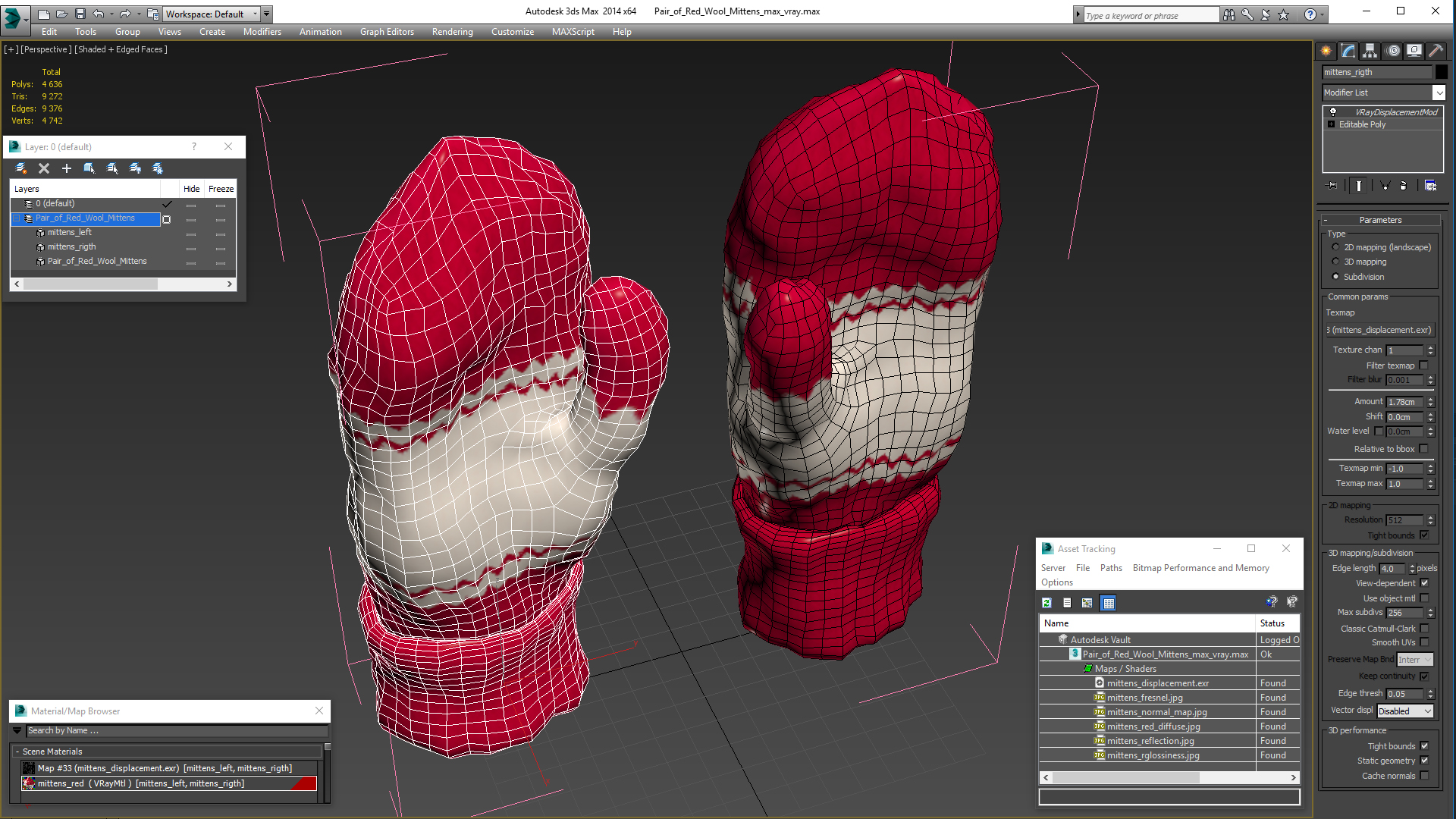 Pair of Red Wool Mittens 3D model