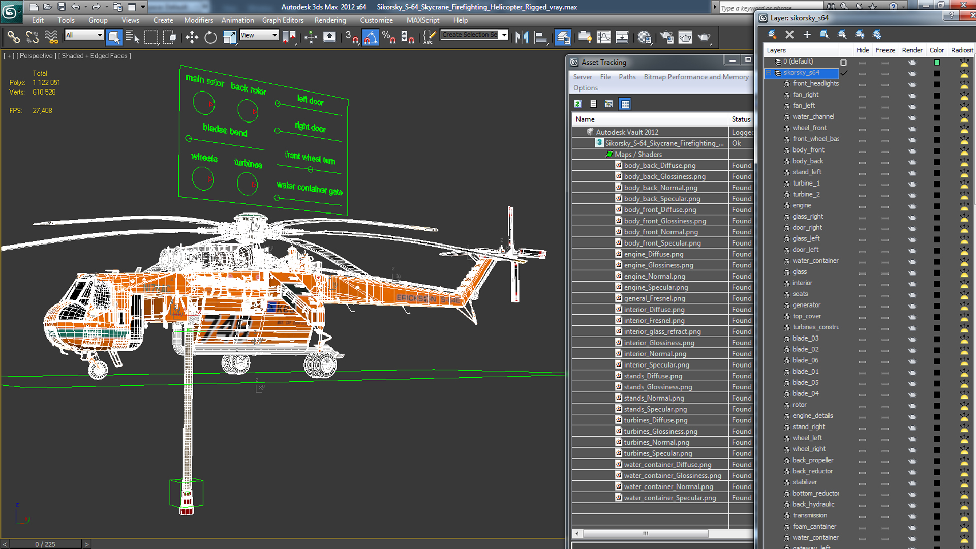 3D Sikorsky S-64 Skycrane Firefighting Helicopter Rigged model