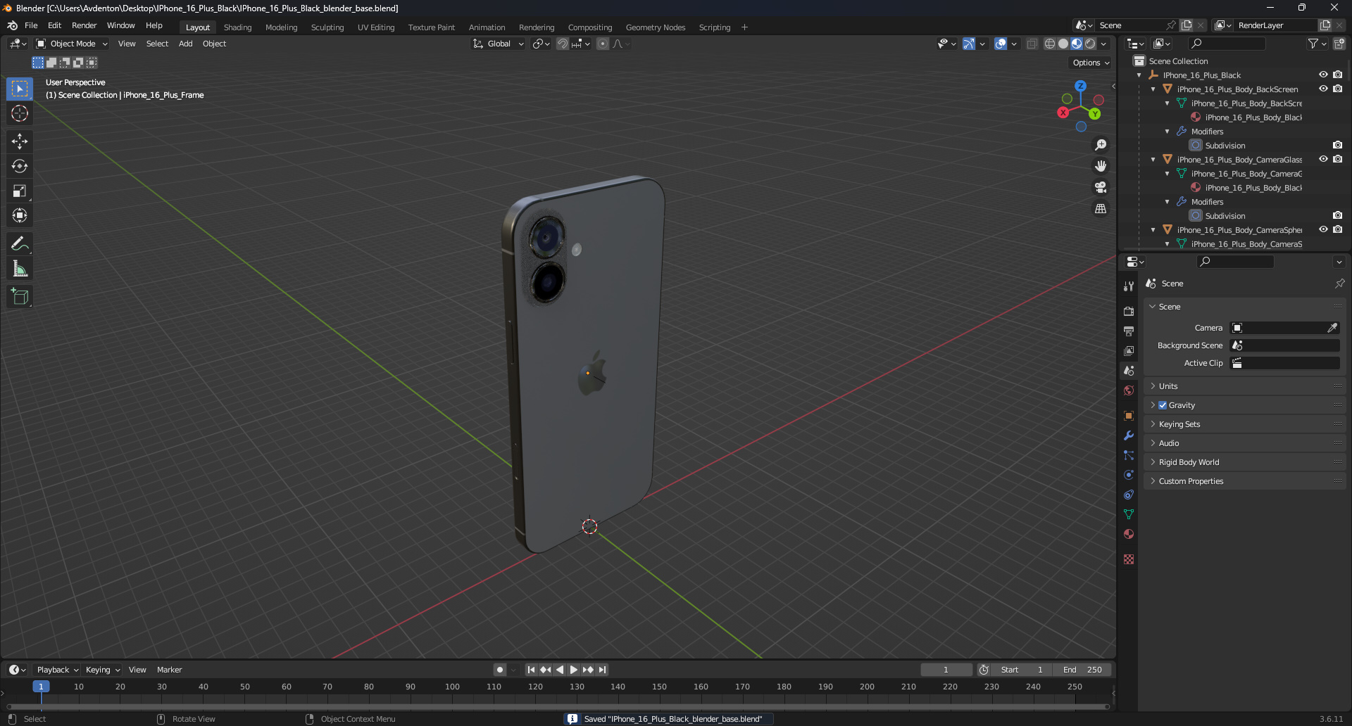 3D model IPhone 16 Plus Black