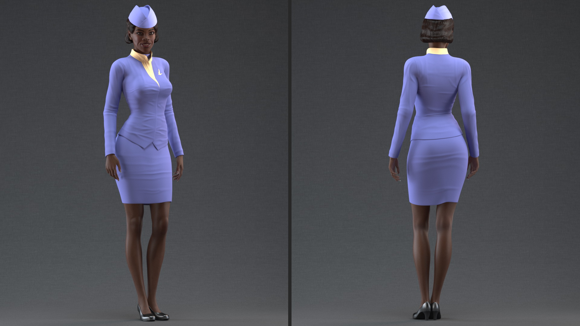 3D Dark Skinned Black Stewardess Standing Pose model