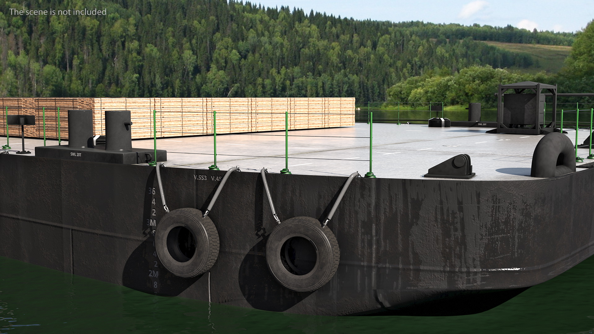 Push Boat Ship with Pontoon Barge Loaded Wood Planks 3D