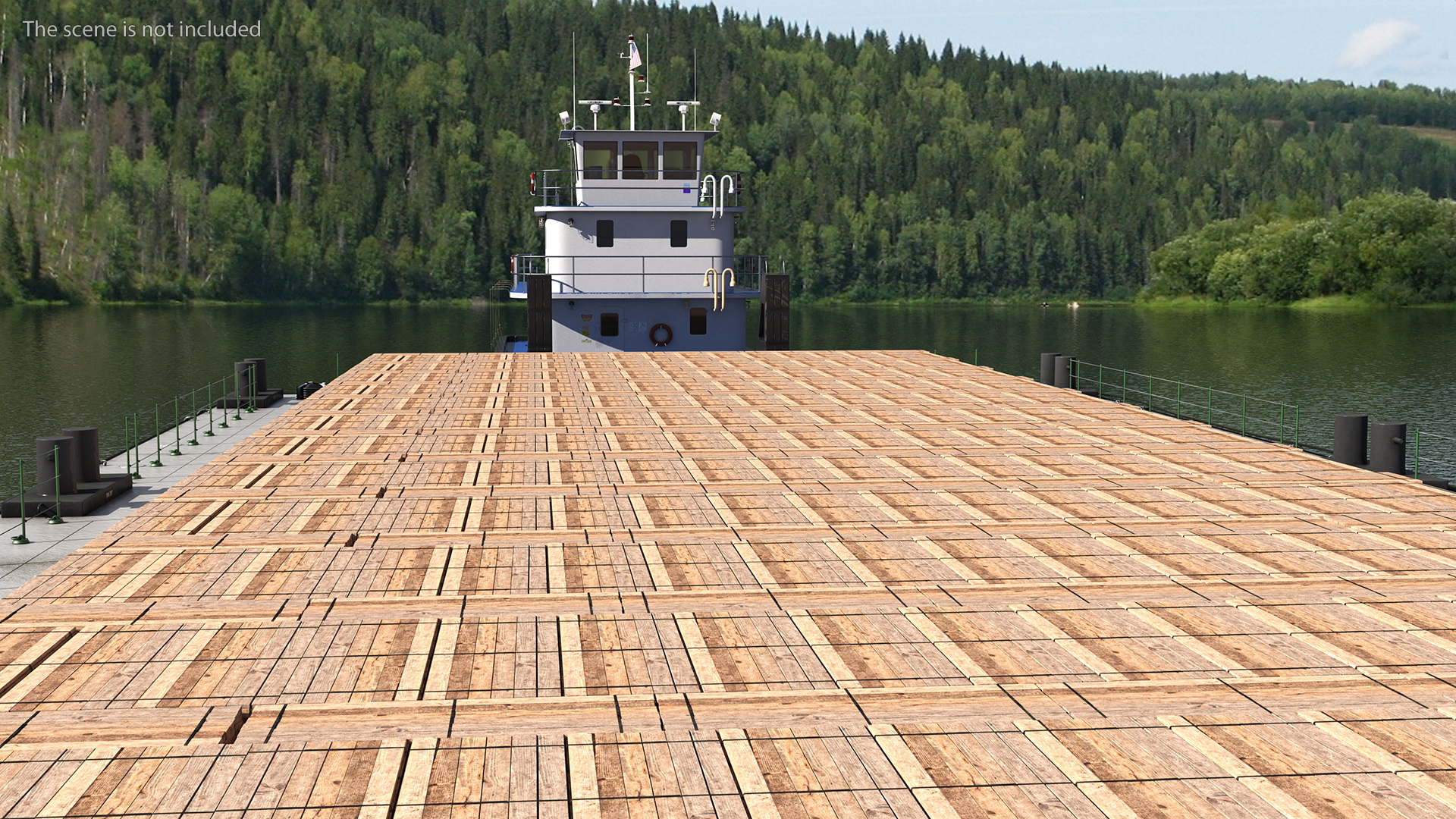 Push Boat Ship with Pontoon Barge Loaded Wood Planks 3D