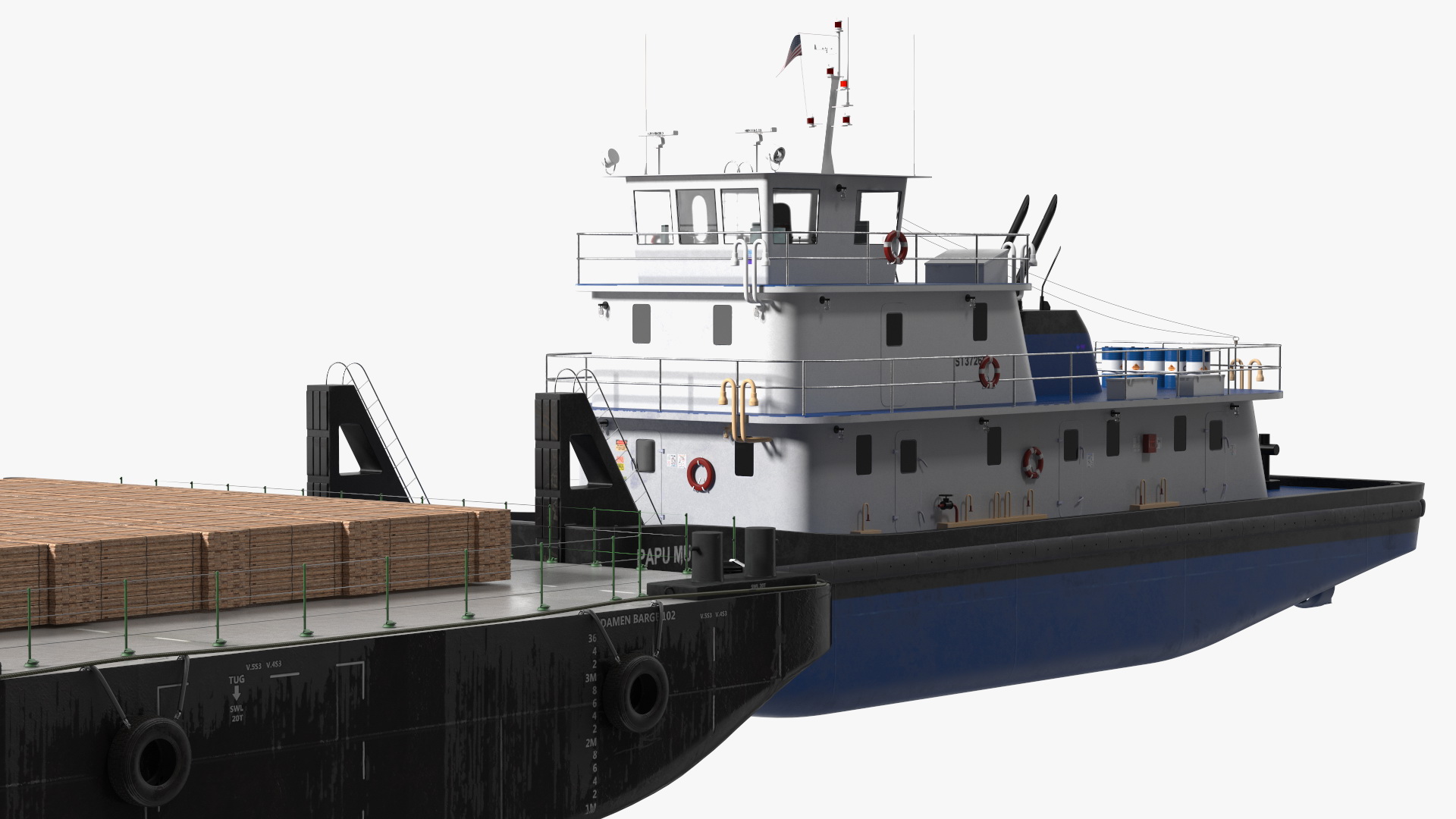 Push Boat Ship with Pontoon Barge Loaded Wood Planks 3D