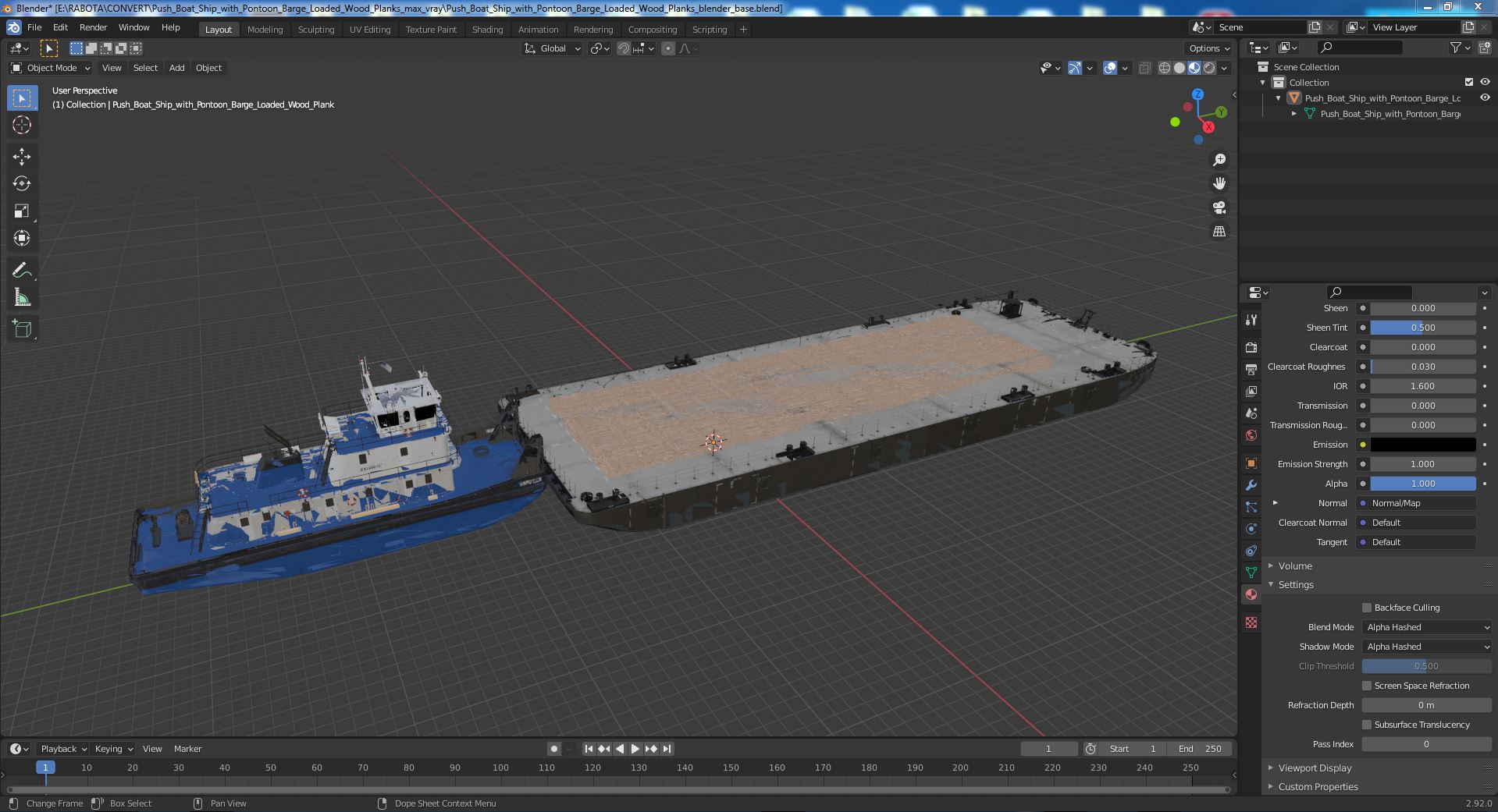 Push Boat Ship with Pontoon Barge Loaded Wood Planks 3D