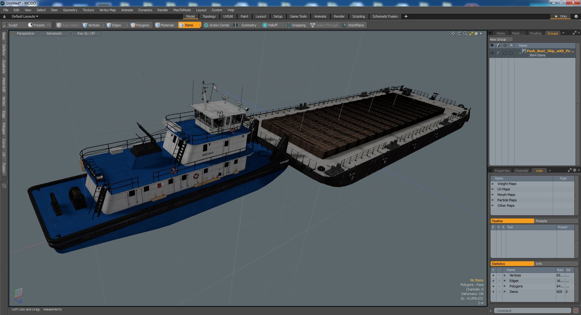 Push Boat Ship with Pontoon Barge Loaded Wood Planks 3D