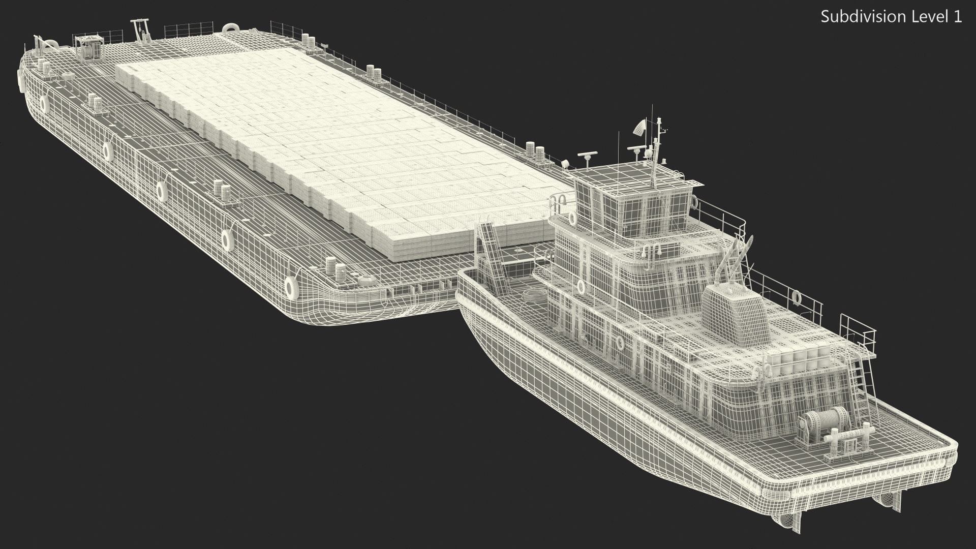 Push Boat Ship with Pontoon Barge Loaded Wood Planks 3D