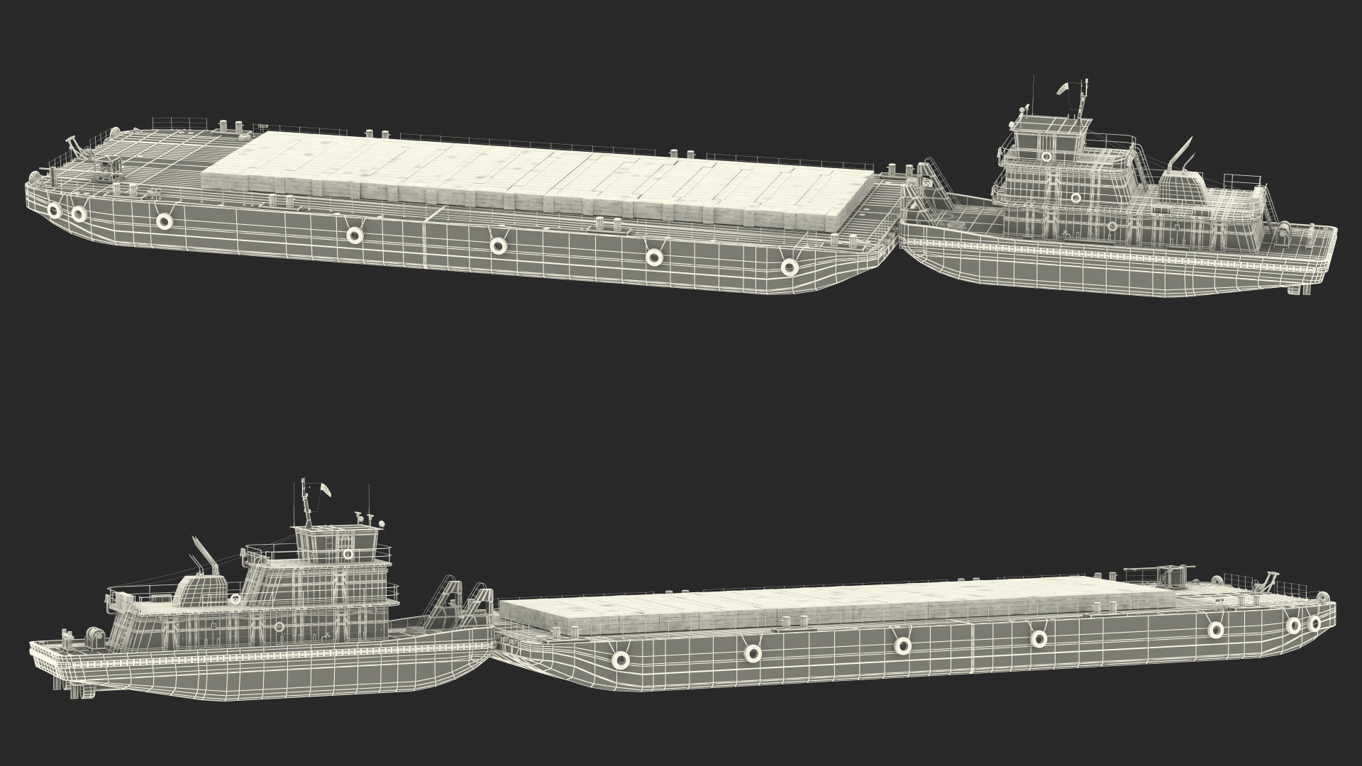 Push Boat Ship with Pontoon Barge Loaded Wood Planks 3D