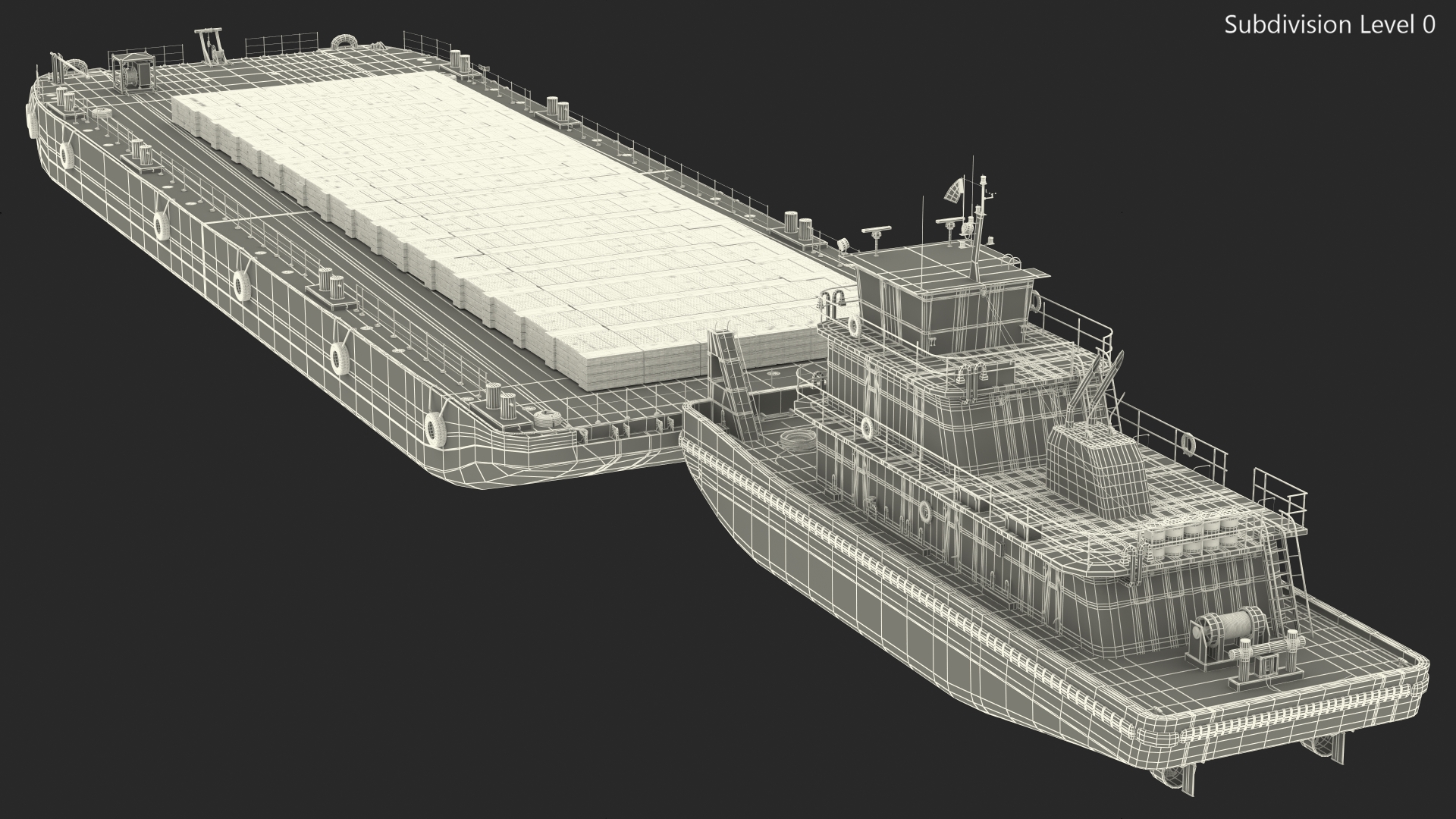 Push Boat Ship with Pontoon Barge Loaded Wood Planks 3D