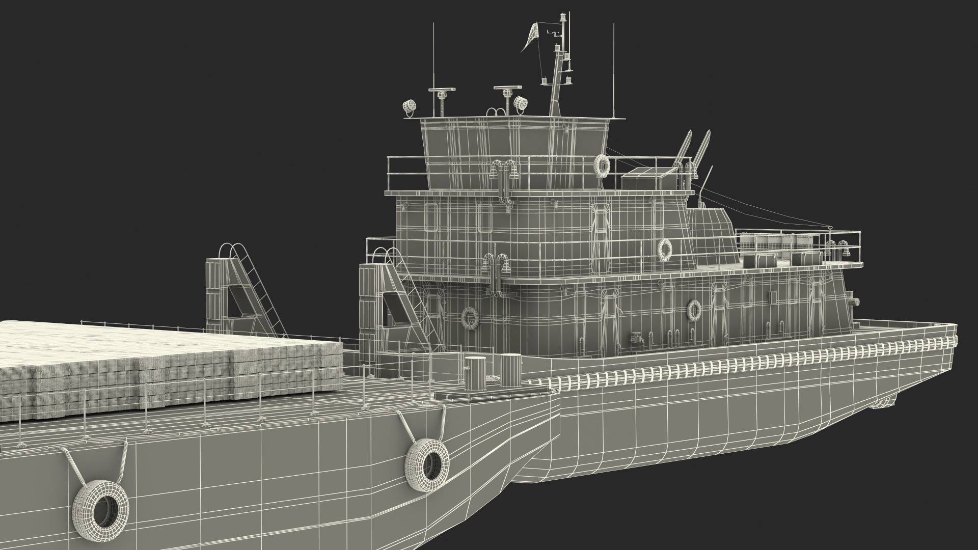 Push Boat Ship with Pontoon Barge Loaded Wood Planks 3D