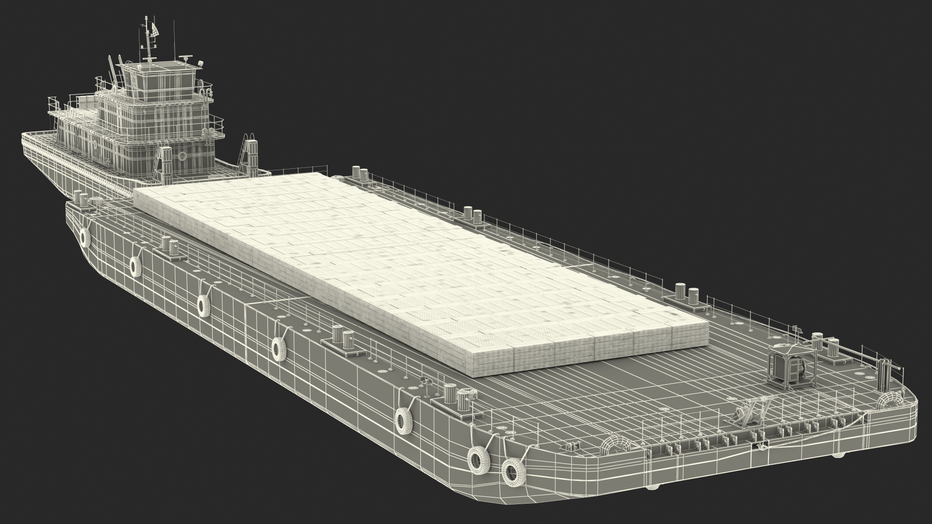 Push Boat Ship with Pontoon Barge Loaded Wood Planks 3D