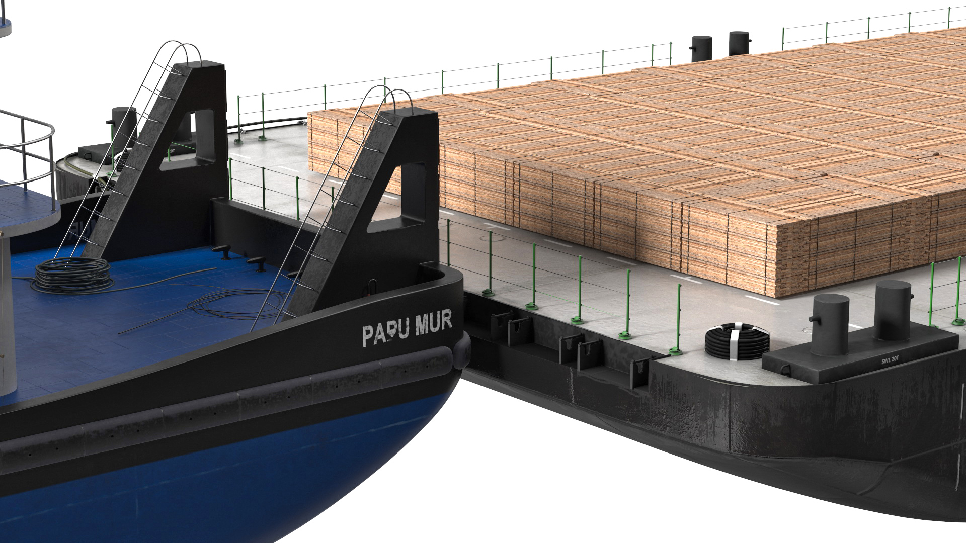 Push Boat Ship with Pontoon Barge Loaded Wood Planks 3D