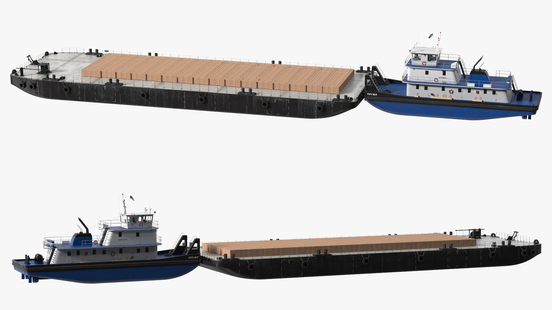 Push Boat Ship with Pontoon Barge Loaded Wood Planks 3D