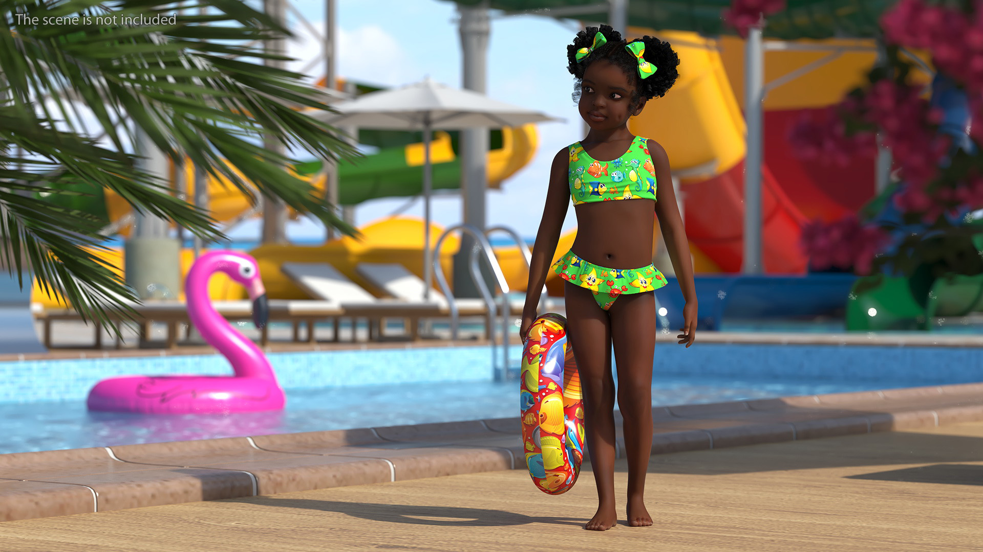 3D model Black Girl Child Swimsuit Inflatable Circle Rigged