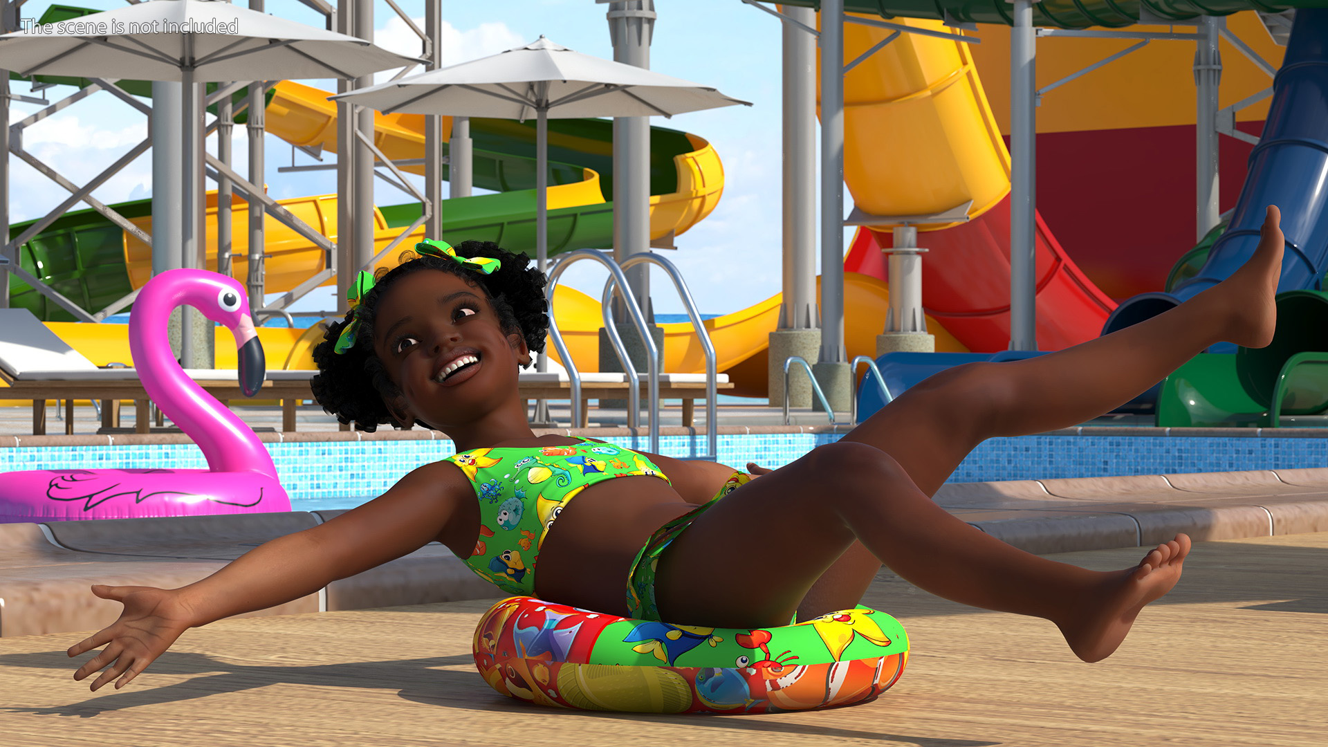 3D model Black Girl Child Swimsuit Inflatable Circle Rigged