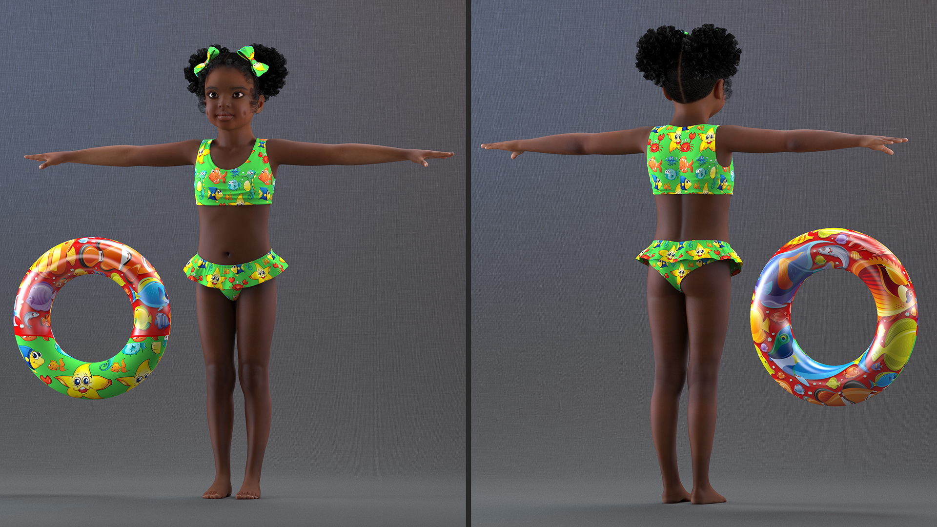 3D model Black Girl Child Swimsuit Inflatable Circle Rigged